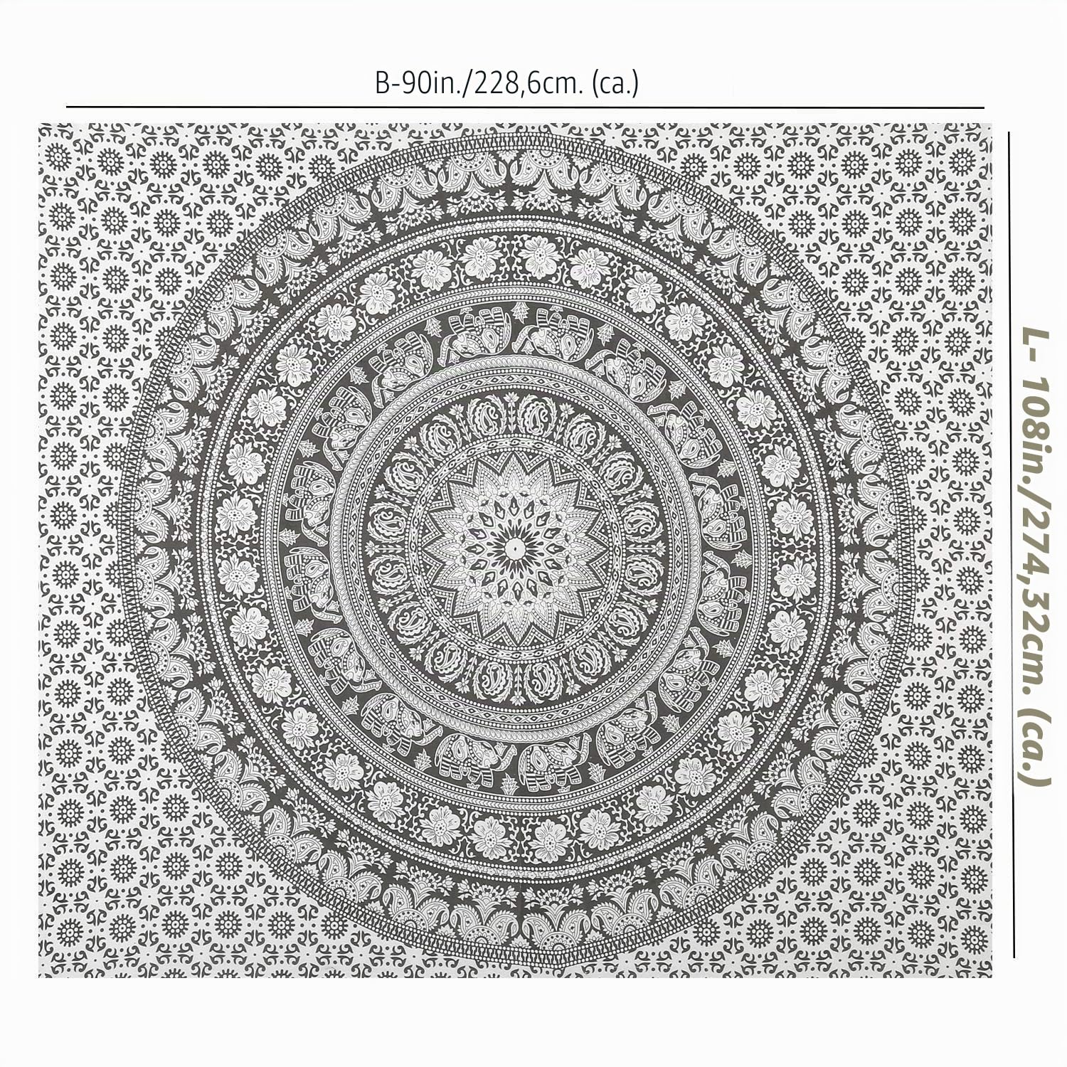 RAJRANG Mandala Wandteppich Elefant Boho Tapestry, Schwarz Weiß Baumwolle, 228x274 cm