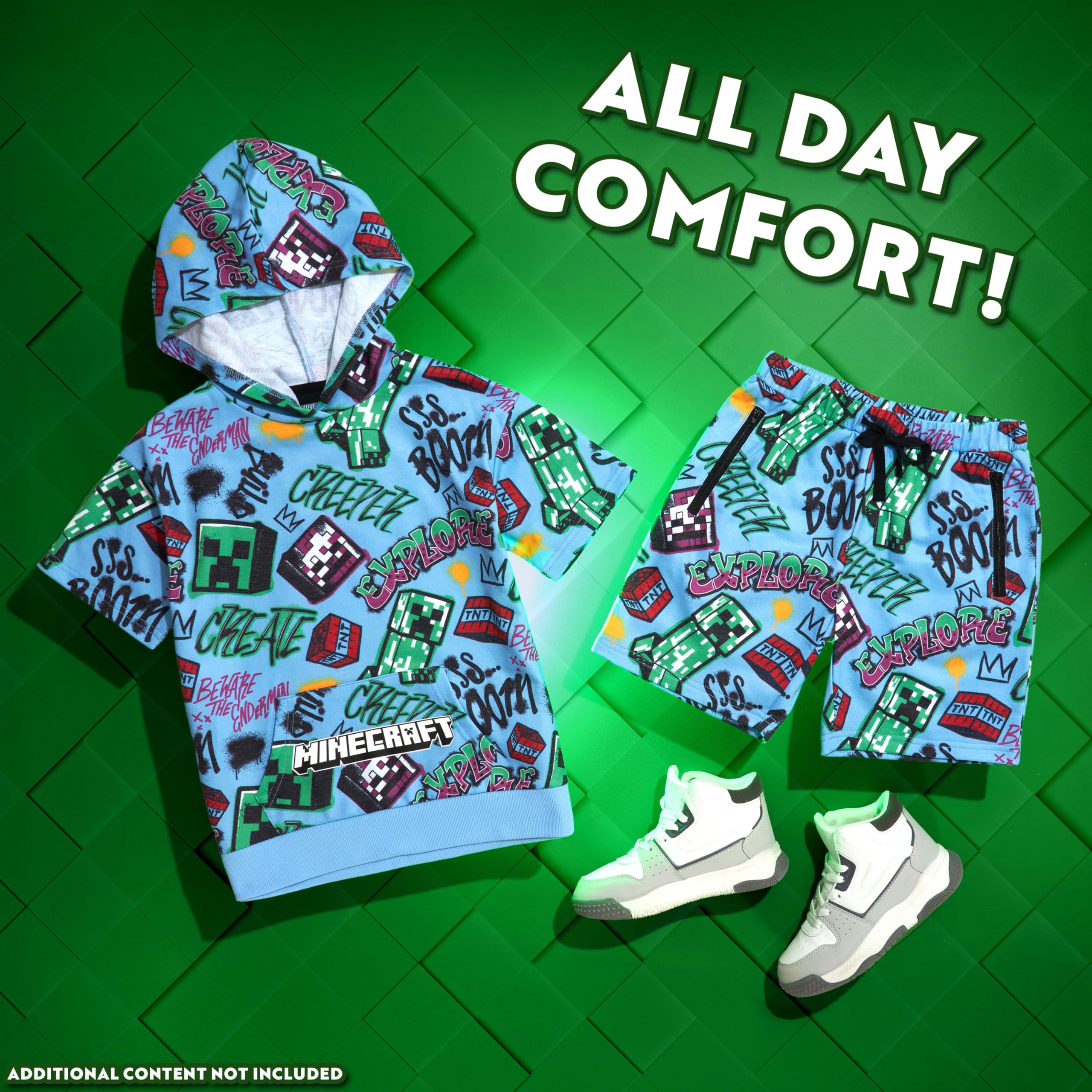 Minecraft Conjunto de 2 piezas de sudadera con capucha y pantalones cortos para niños y adolescentes, de manga corta, con capucha, bolsillos con cremallera, ropa deportiva casual