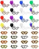 Sratte Mardi Gras Couple Masquerade Mask with Feather Flower Unisex Half Face Venetian Mask for Carnival Parade Valentine