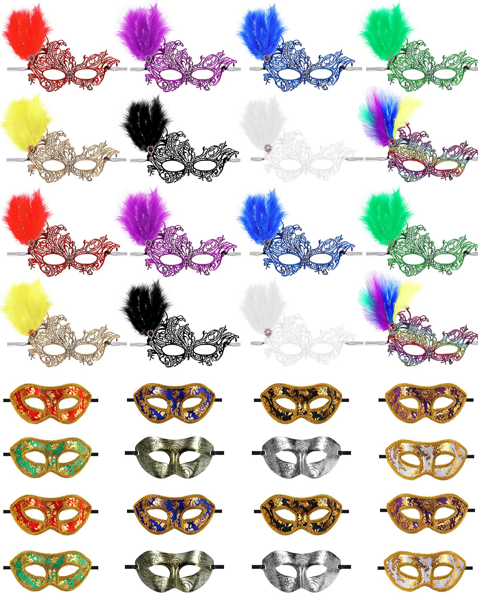 Sratte Mardi Gras Couple Masquerade Mask with Feather Flower Unisex Half Face Venetian Mask for Carnival Parade Valentine