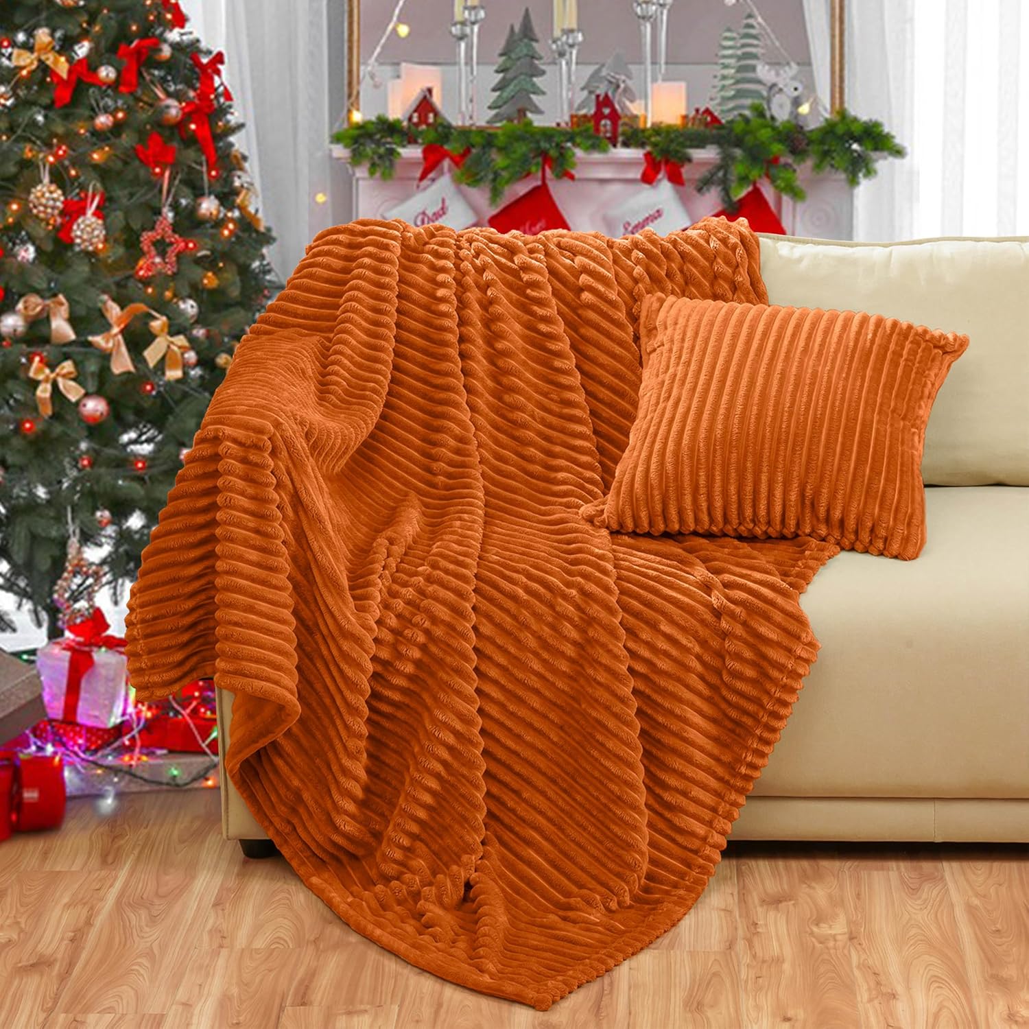 Bnuitland Burnt Orange Flannel Throw (50X71 inches) with Pillow Cover(18×18"),300GSM Super Soft Fleece Stripe Pattern Sofa Blanket, Lightweight Cozy Bed Throw for Home Decor All Season - Image 9