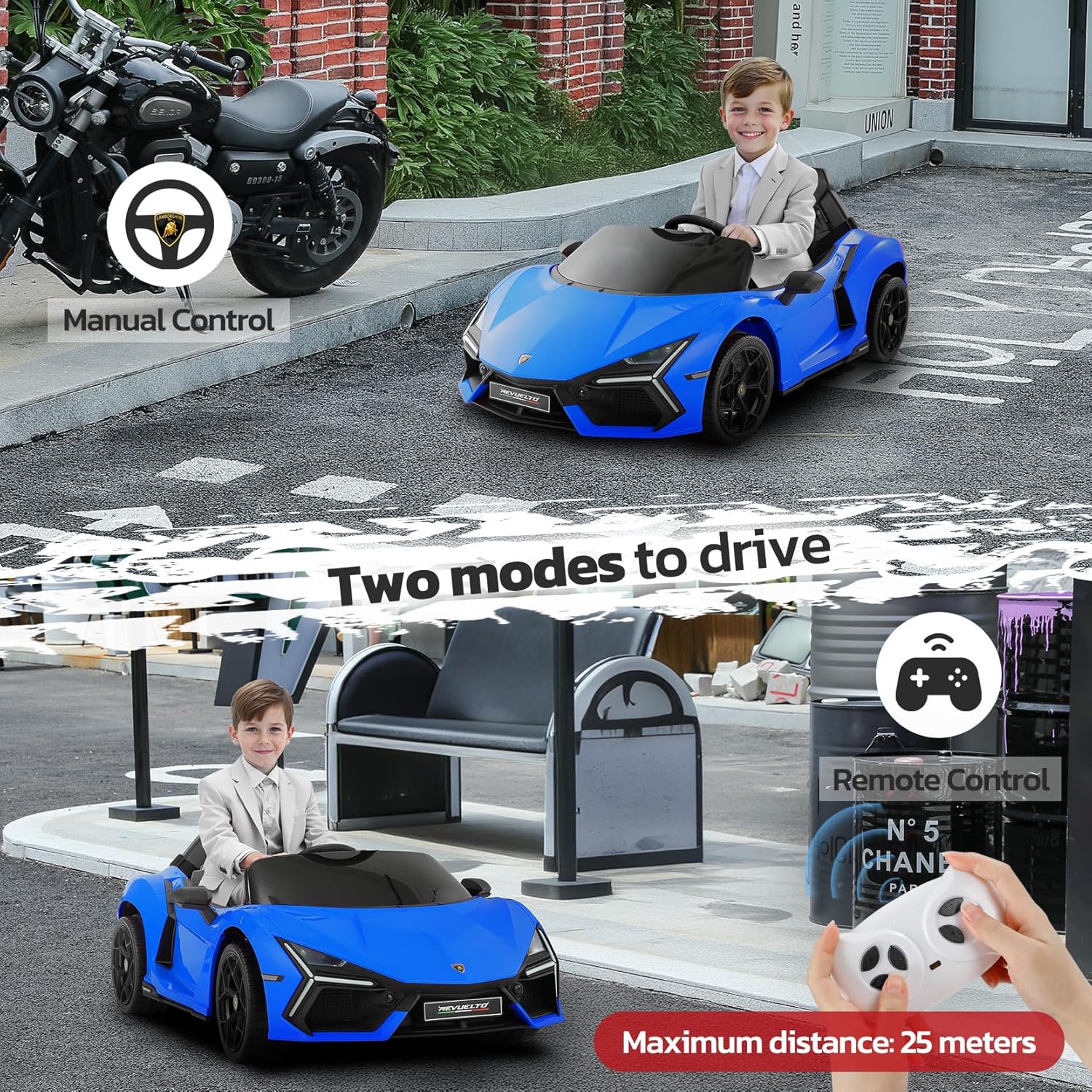 ELEMARA Lamborghini Ride On Car with Scissor Door, Electric Vehicle for Kids with Remote Control,Kid Cars to Drive with MP3 Player, Bluetooth, LED Light and Wide Seat, Navy Blue
