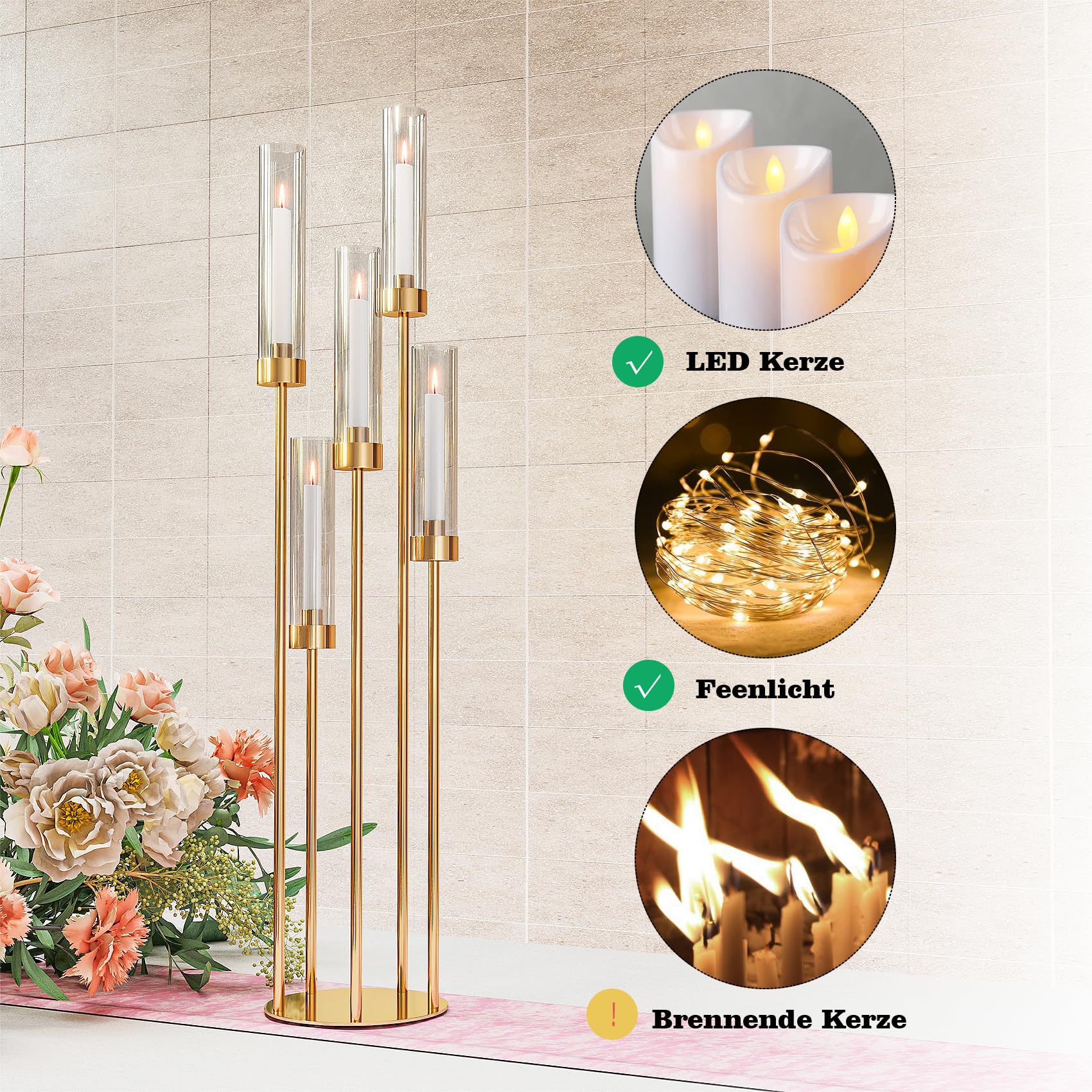 2er Set Kerzenständer 5 Arm für Hochzeitstisch,106cm Hohe Kerzenhalter mit Acryl Lampenschirm, Metall Gold Kerzenstöcke Halter für Party Home Dekoration Halloween Weihnachtstag