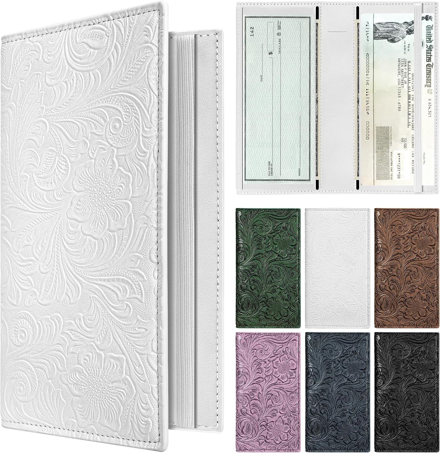 Mayski Embossed Floral Checkbook Covers for Personal | PU Leather, Check Book Holder for Women, with Elastic Band, Transparent Divider for Duplicate Checks