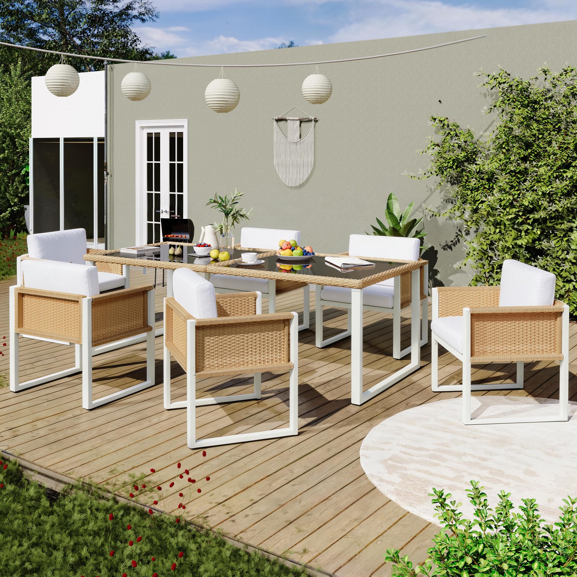 Polyrattan Gartenmöbel Set, Essgruppe für 6 Personen mit Tisch & Sesseln, abnehmbare und waschbare Bezüge, wetterfestes Outdoor-Möbelset, Braun+Weiß