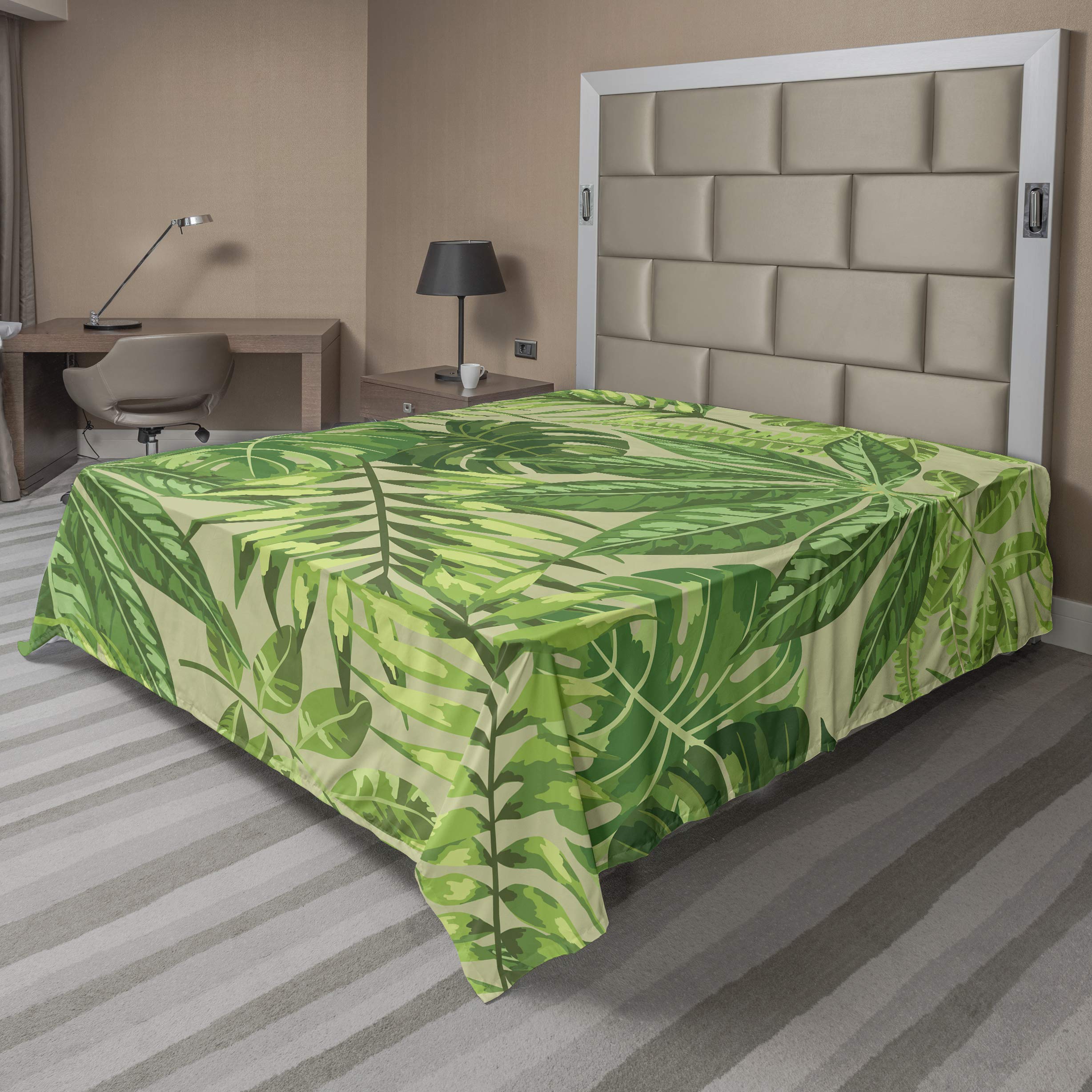 Ambesonne Green Leaf Flat Sheet, Exotic Pattern with Tropical Leaves Fresh Jungle Aloha Hawaii, Soft Comfortable Top Sheet Decorative Bedding 1 Piece, California King, Apple Green