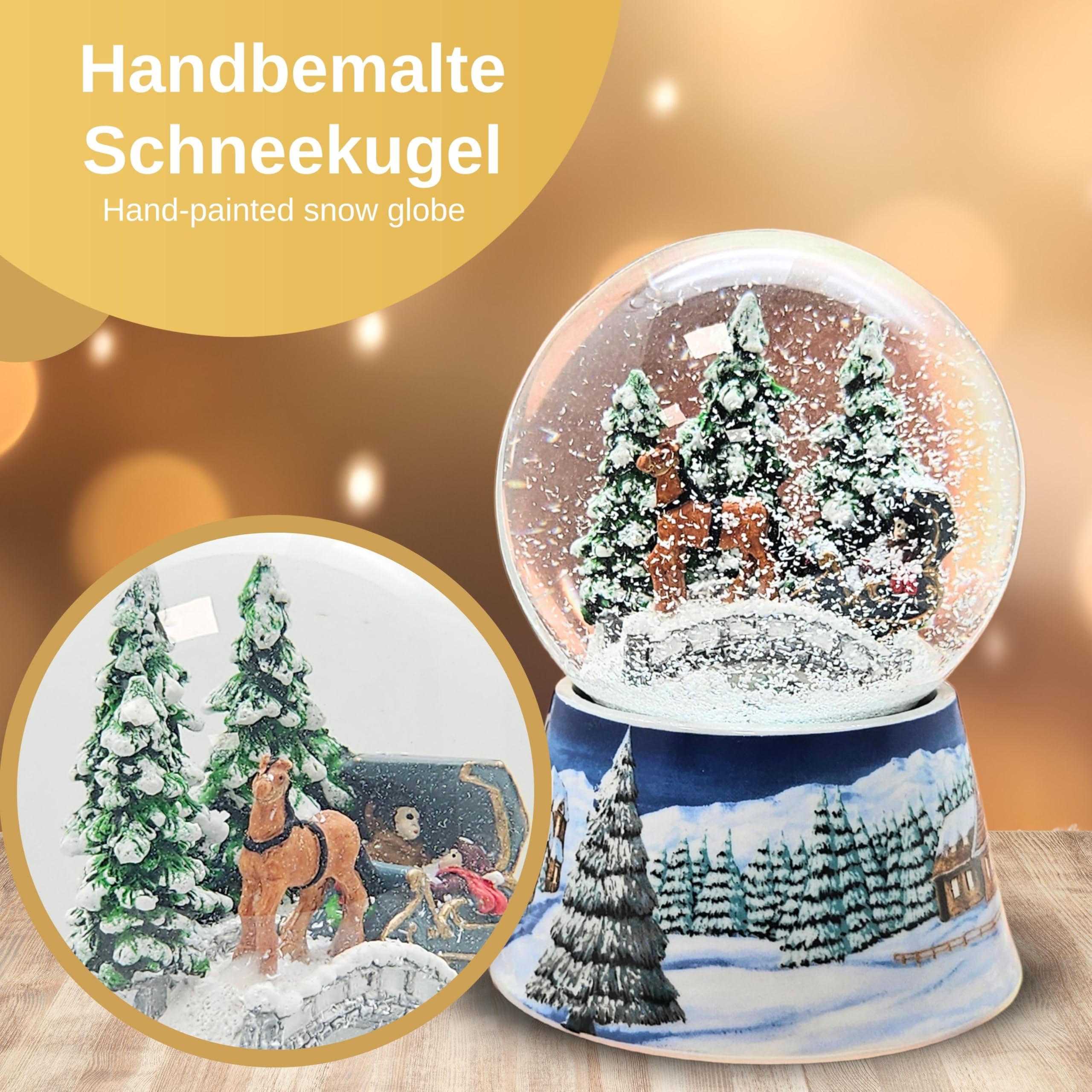 Schneekugel Weihnachten Spieluhr | Kutsche über Brücke | Sockel Winterlandschaft Mittelblau | Höhe: 140mm Breite: 100mm | Weihnachtsdekoration | 20291