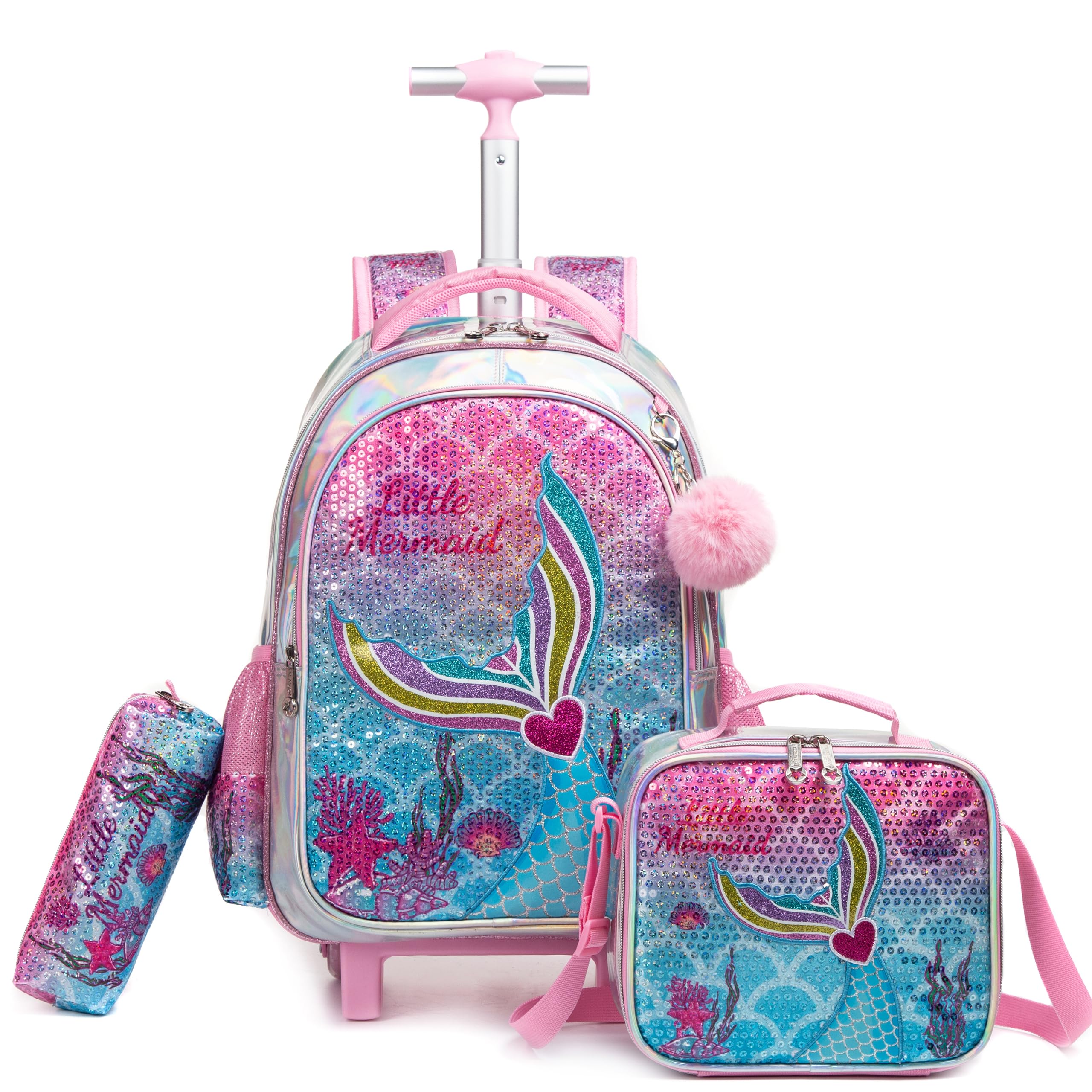 HTgroce Mochila Escolar con Ruedas Niña, Mochilas Escolares con Ruedas,Traiga un Estuche para lápices y una Bolsa para el Almuerzo