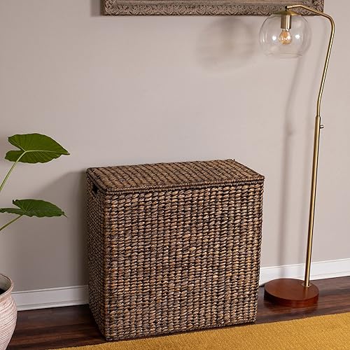 Miniatura 4 de Cesta de lavandería doble de gran tamaño con tapa, 2 forros incluidos, fibra de hierba marina tejida a mano, cesta de lavandería 2 secciones, lavado