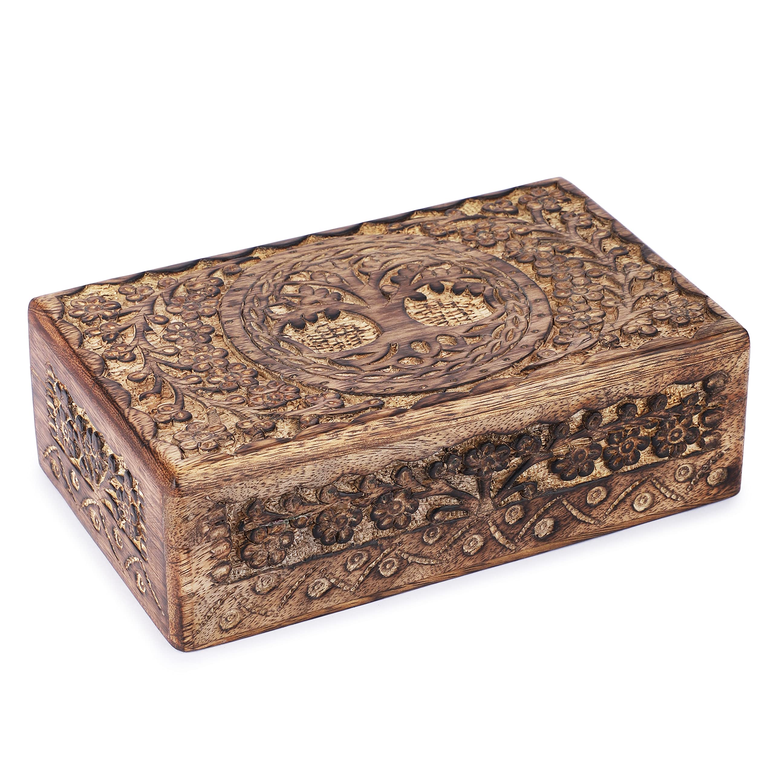 Ajuny Hand Carved Wooden Keepsake Box 8 x 5 Inch, Tree of Life Design Mango Wood Jewellery Box, Vintage Trinket Storage Organiser, Decorative Treasure Chest Gift Box
