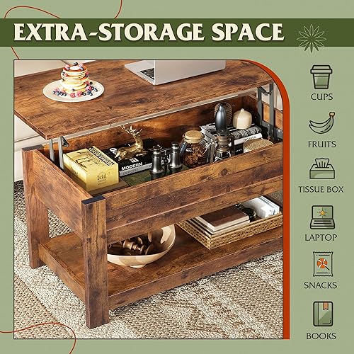 Vista 4 de WLIVE Coffee Table, 39" Lift Top Coffee Table with Hidden Compartment and Storage Shelf for Living Room, Rustic Brown Marrón (Rustic Brown)