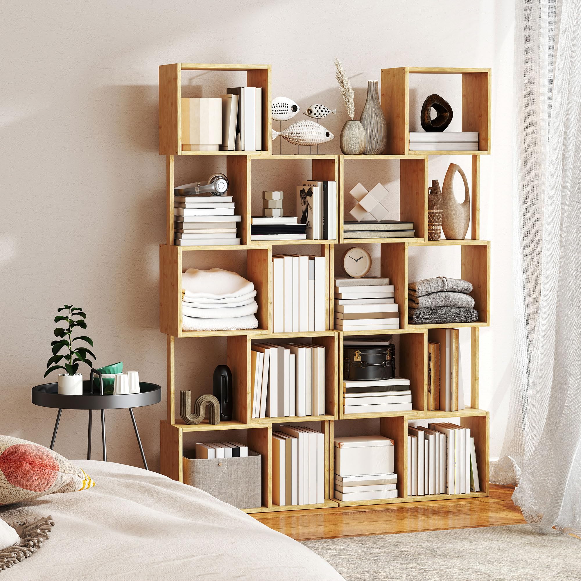 HOMCOM Libreria Scaffale a 5 Ripiani Suddivisi in Bambù a Forma di S, Libreria Verticale Salvaspazio Slim, Scaffale Portaoggetti per Soggiorno, Camera da Letto e Ufficio, 62.5x23x165 cm, Color Legno
