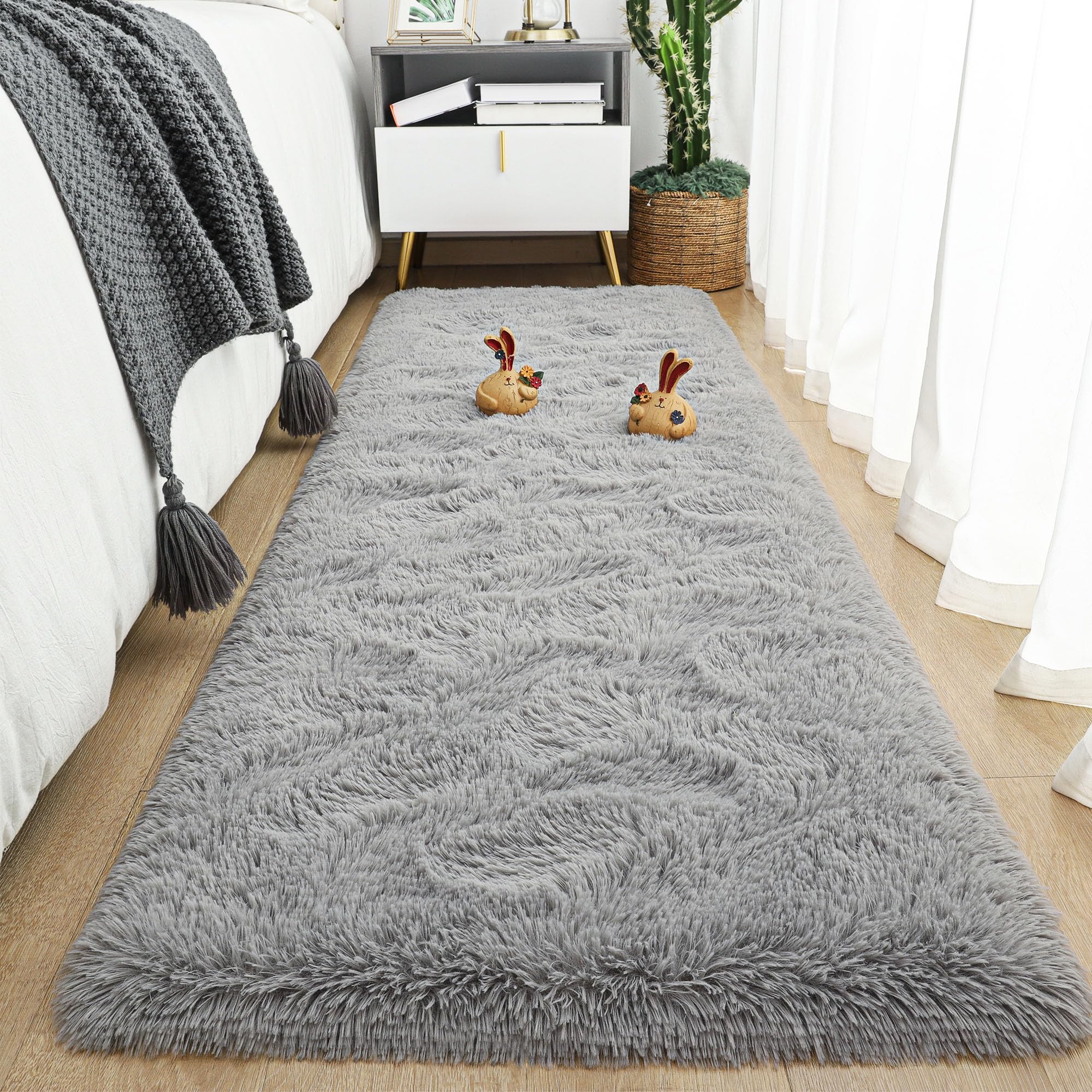 Tepook Soft Runner Rugs for Bedroom 2x6 ft with Rubber Backing, Grey Fluffy Rugs for Living Room, Shag Bedside Rug Fuzzy Plush Carpet for Room, Area