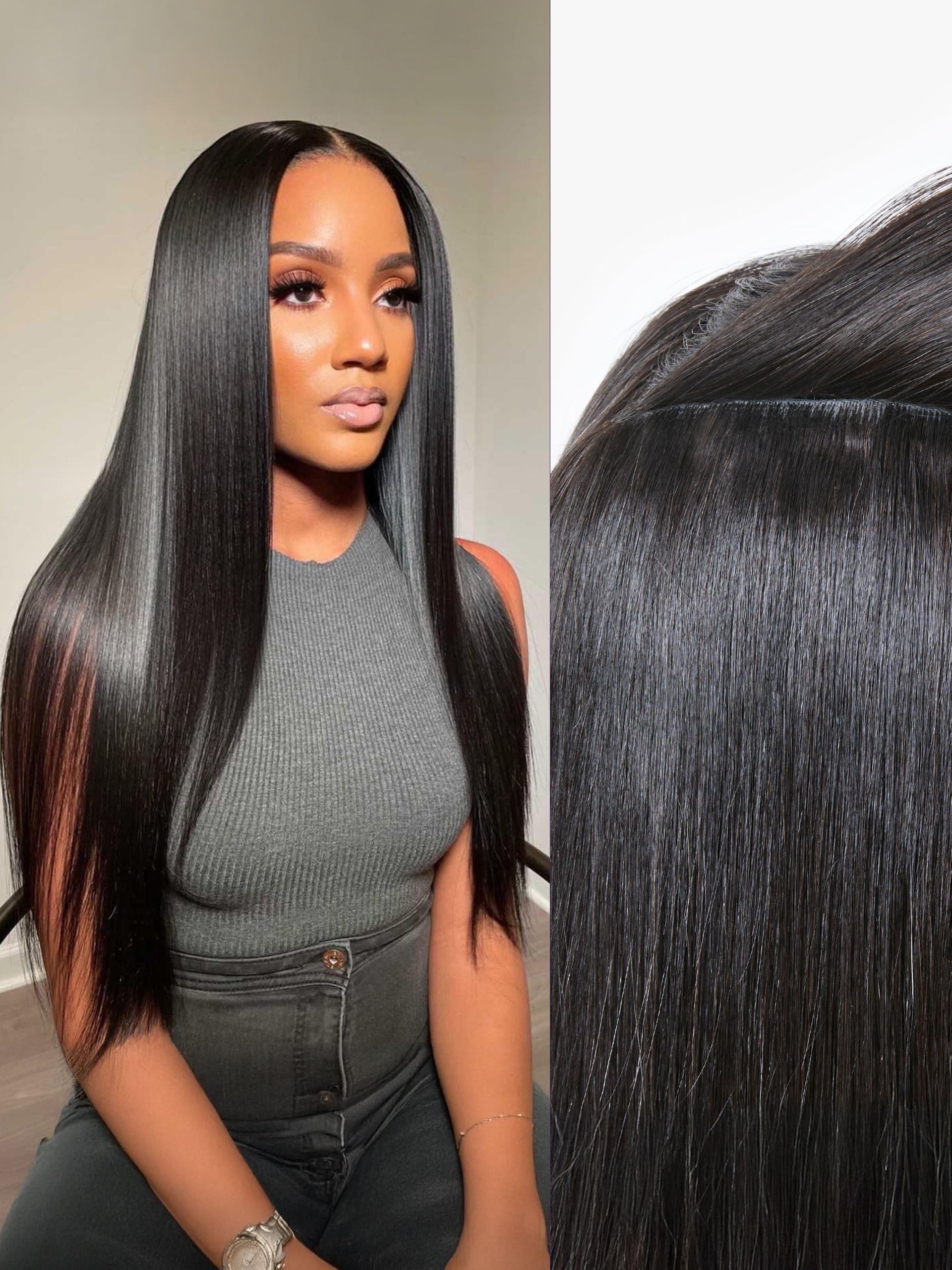 22 Inch Real Human Hair Clip In Extensions, 0.59mm Seamless Weft, 2 Pack Silky Straight Invisible Clip In Human Hair Extensions main image 2