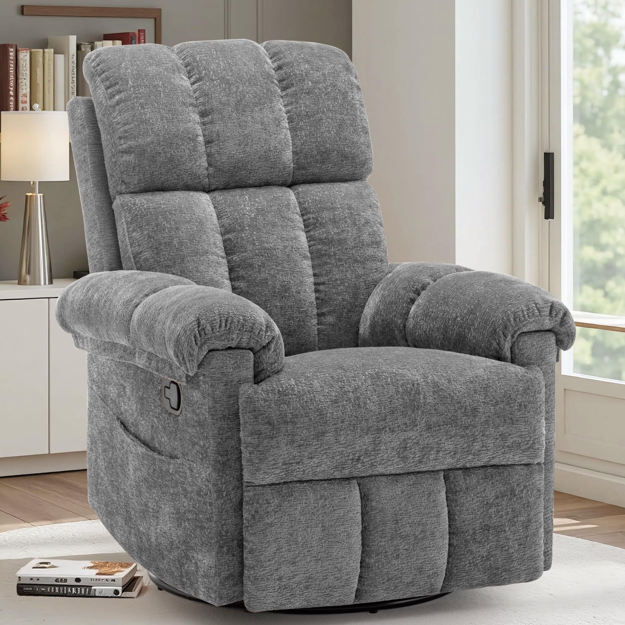 Korser Recliner Chair, Swivel Rocker Recliner Chair for Adults, Small Recliners for Small Spaces, Manual Recliner with Side Pockets, Upholstered Nursery Rocking Chair for Living Room, Chenille, Grey-image-5