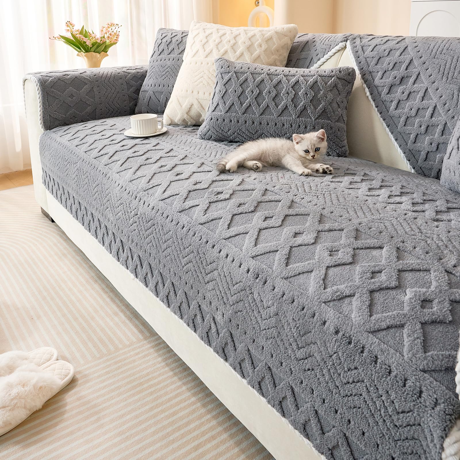 vctops Boho Jacquard Plush Sofa Cover Fluffy Fuzzy Couch Cover for Dogs Soft Cozy Non Slip Sectional Sofa Slipcover Washable Furniture Protector for