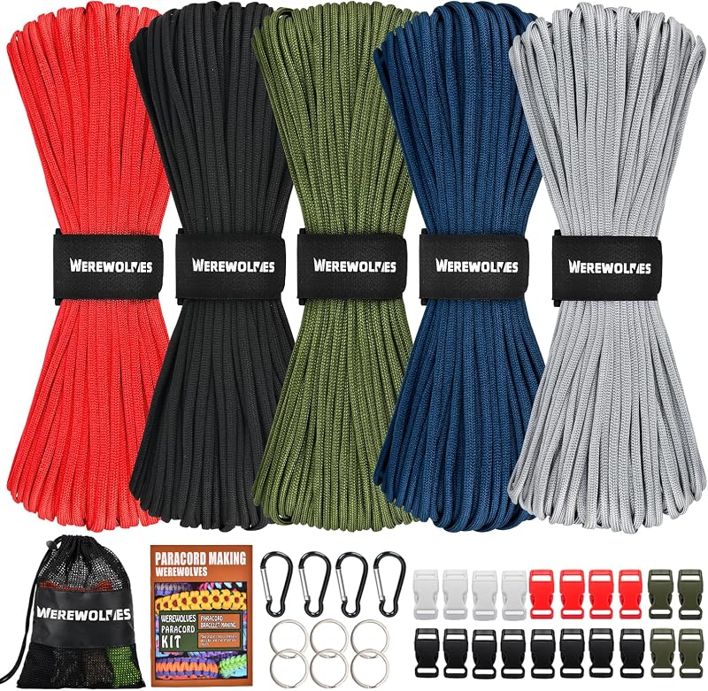 WEREWOLVES 550 Paracord Kits 100ft Each Color - 5 Colors Parachute Cord Combo 7 Strand Type III Parachute Cord 4mm for Crafting, Dog Collar, Survival Bracelets