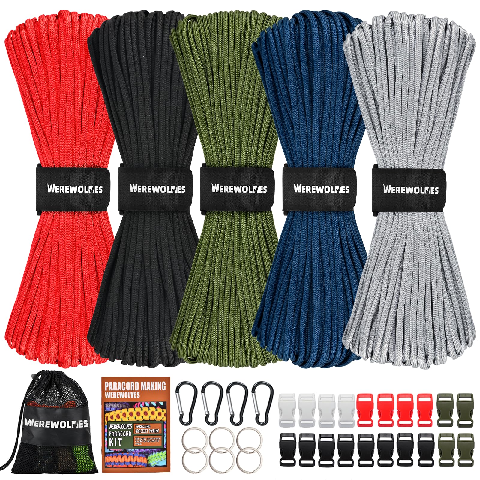 WEREWOLVES 550 Paracord Kits 100ft Each Color - 5 Colors Parachute Cord Combo 7 Strand Type III Parachute Cord 4mm for Crafting, Dog Collar, Survival