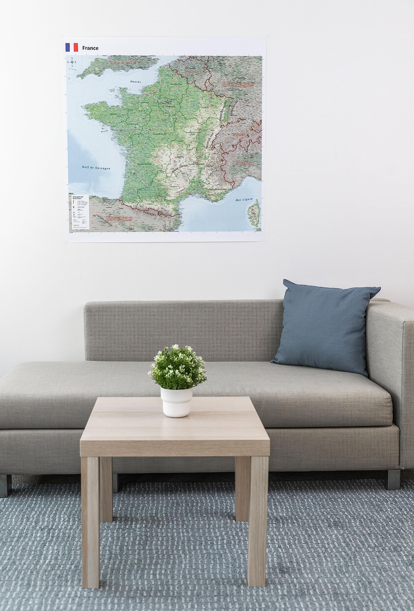 GeoMetro Carte générale de la France en français de 100 x 100 cm avec plastification sur les deux faces