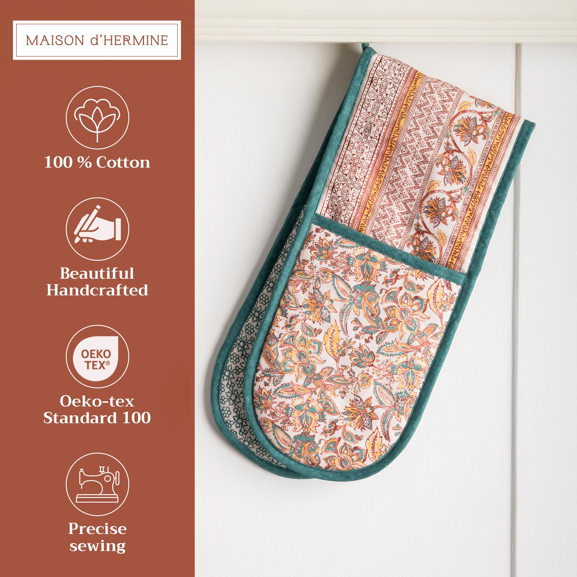 Maison d' Hermine Double Oven Mitt (18 cm x 89 cm) 100% Cotton Heat Resistant BBQ Cooking Gloves with Loop for Christmas Decorations Baking Cooking Barbeque Handling Hot Pan (Nila) - Image 3