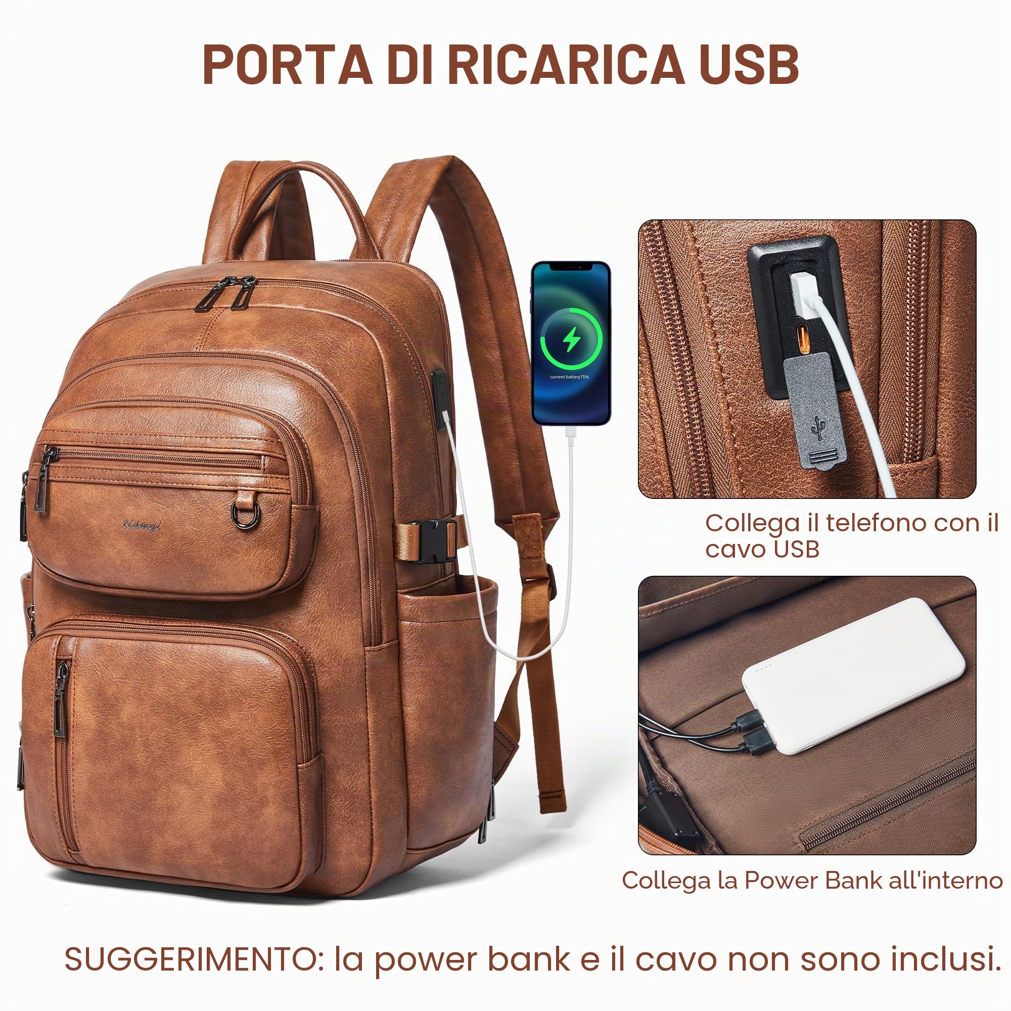 TSA - Zaino da viaggio in pelle vegana, per uomo e donna, adatto per laptop da 17", con cinghia per bagagli, colore: marrone