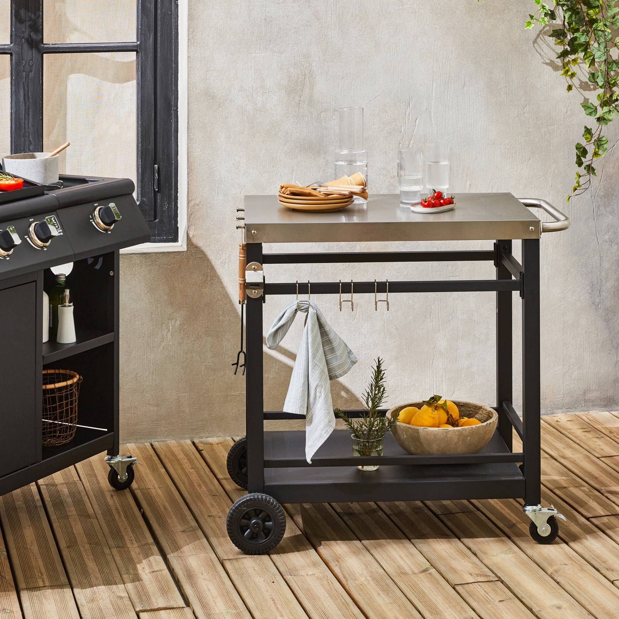 Alice's Garden - Desserte de Barbecue en Acier 88 cm avec Roues et poignée. Noir. L 88 x l 58 x h 82.8cm