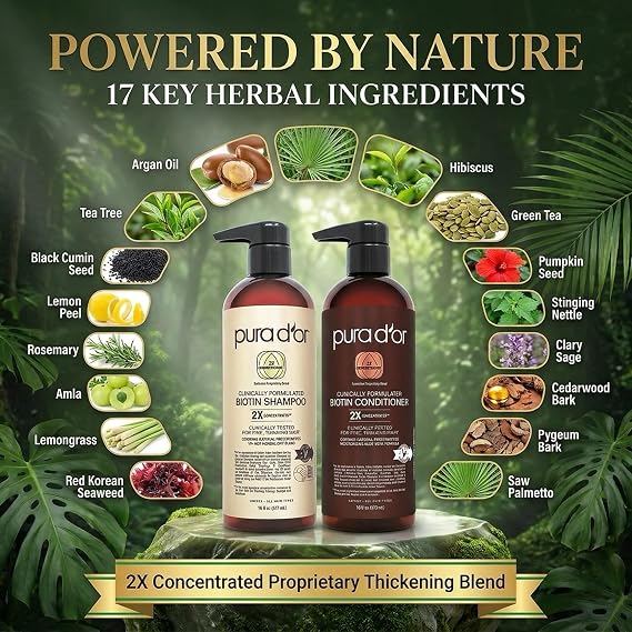 PURA D'OR Clinically Formulated Biotin Shampoo & Hair Regrowth Conditioner For Hair Thinning - 2X Concentrated Proprietary Thickening Blend For Women & Men, Sulfate Free, Botanical Zen Scent,16oz x2