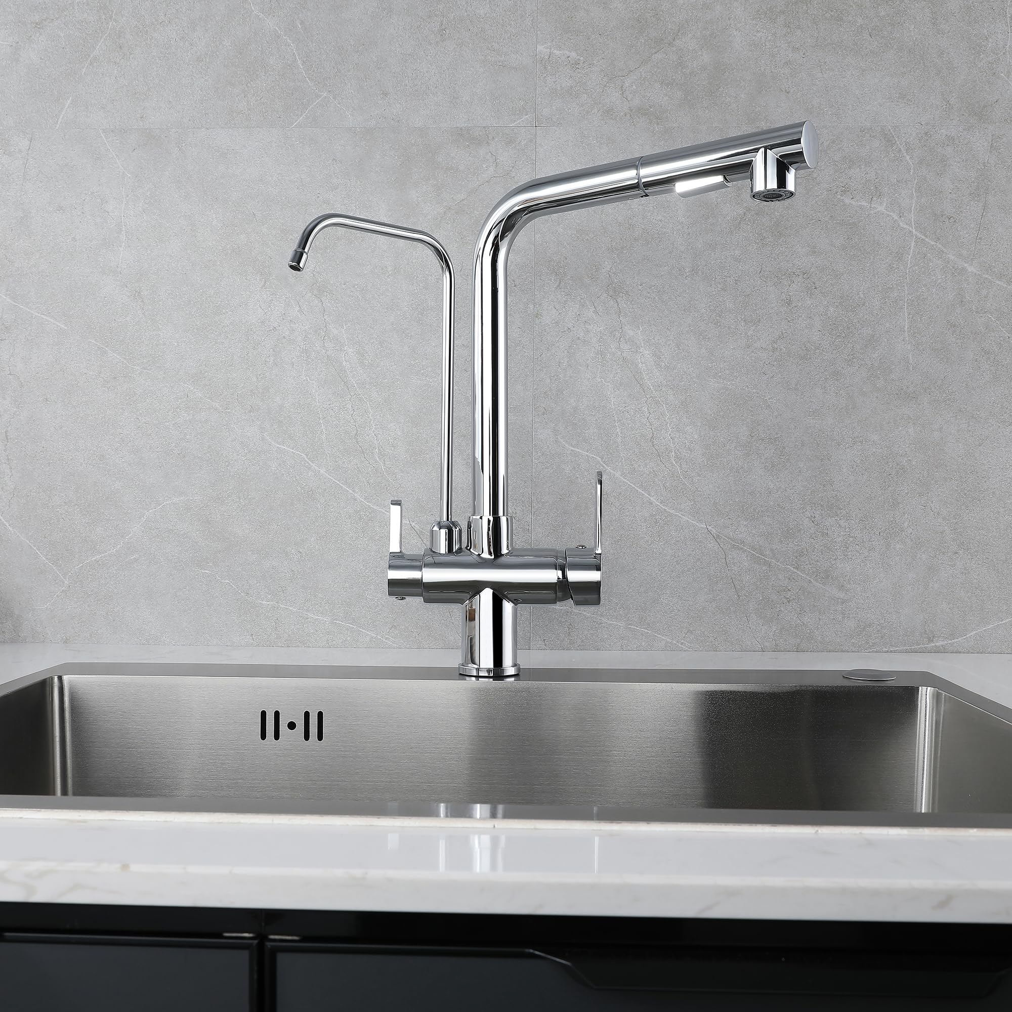 Grifo Cocina Osmosis Extraible,Grifo De Cocina 3 Vías Osmosis Con Ducha Extraíble, Grifo Osmosis Fregadero Giratorio A 360°,grifos Cocina Fregadero Para Osmosis Latón (cromado)