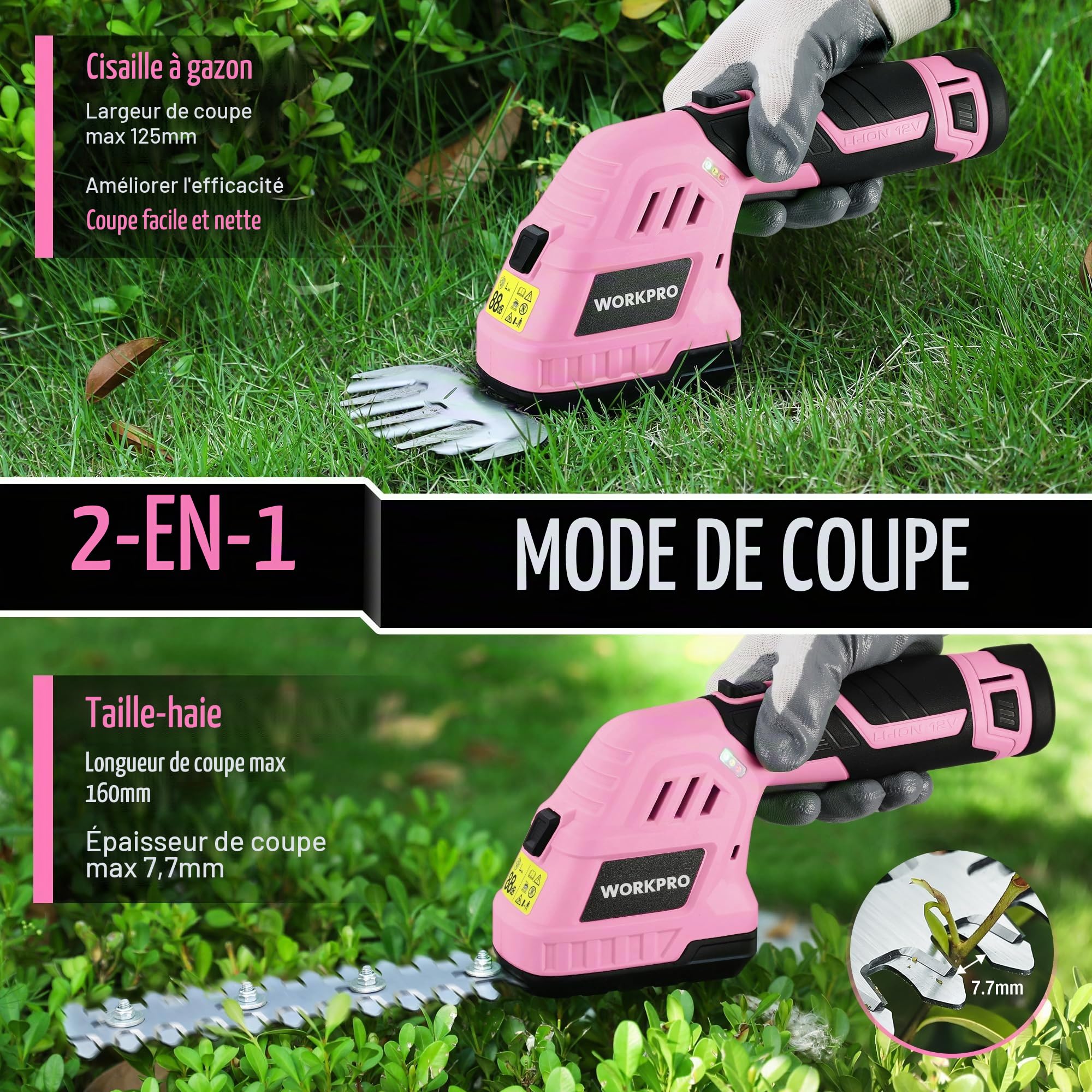 WORKPRO Cisaille Sculpte-Haie Electrique, Taille-Herbes sans Fil 12V | Cisaille à Gazon Batterie 2000mAh avec 2 Lames, Taille Haie Léger pour Coupe, Elagage, Noir & Rose