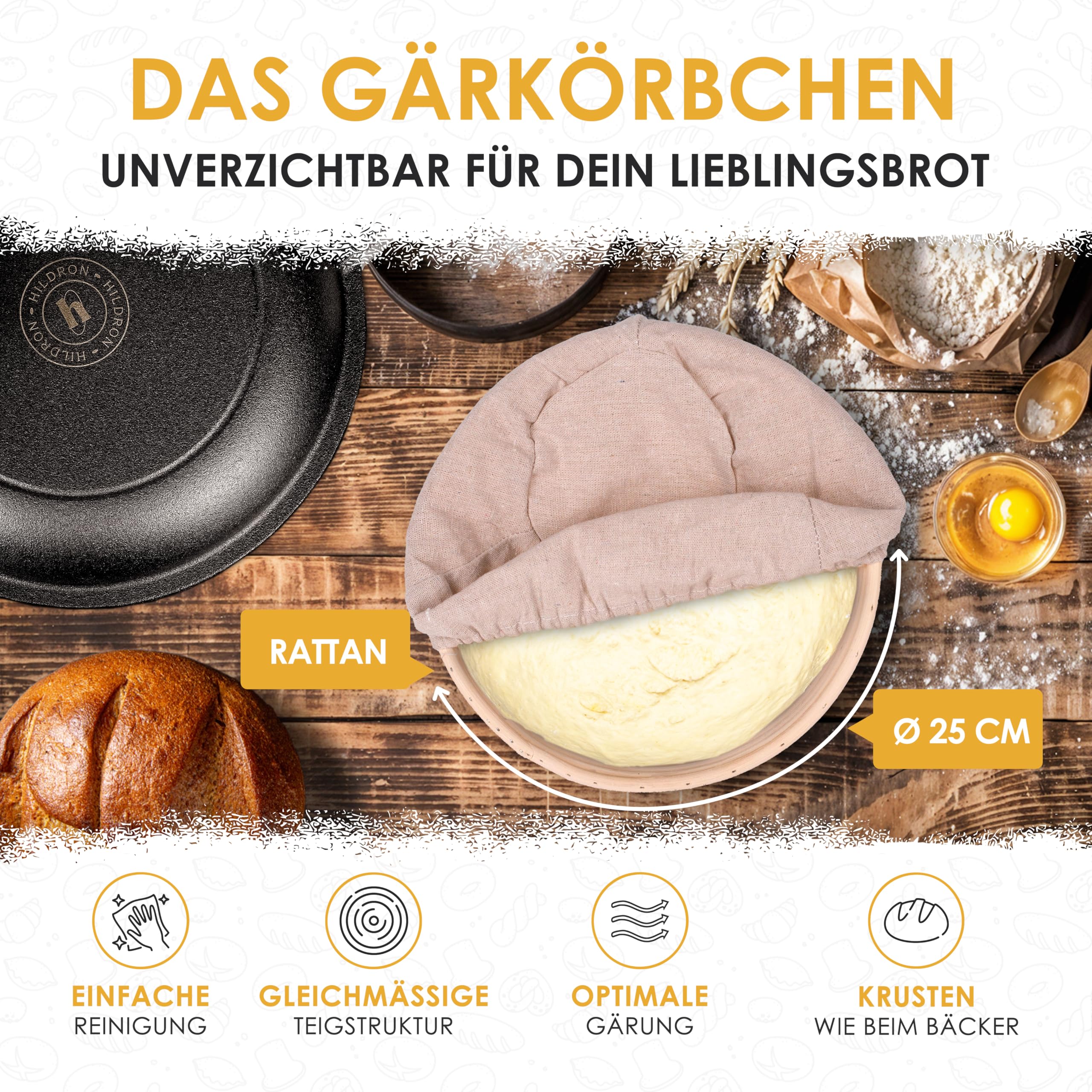 Gusseisen Topf Brot Backen inkl. Gärkorb, Bäckermesser & Teigschaber - 26cm Brotbackform mit Deckel - Komplettes Brotbackset - Idealer Brottopf zum Backen, Brotbacktopf, Brot Backen Zubehör