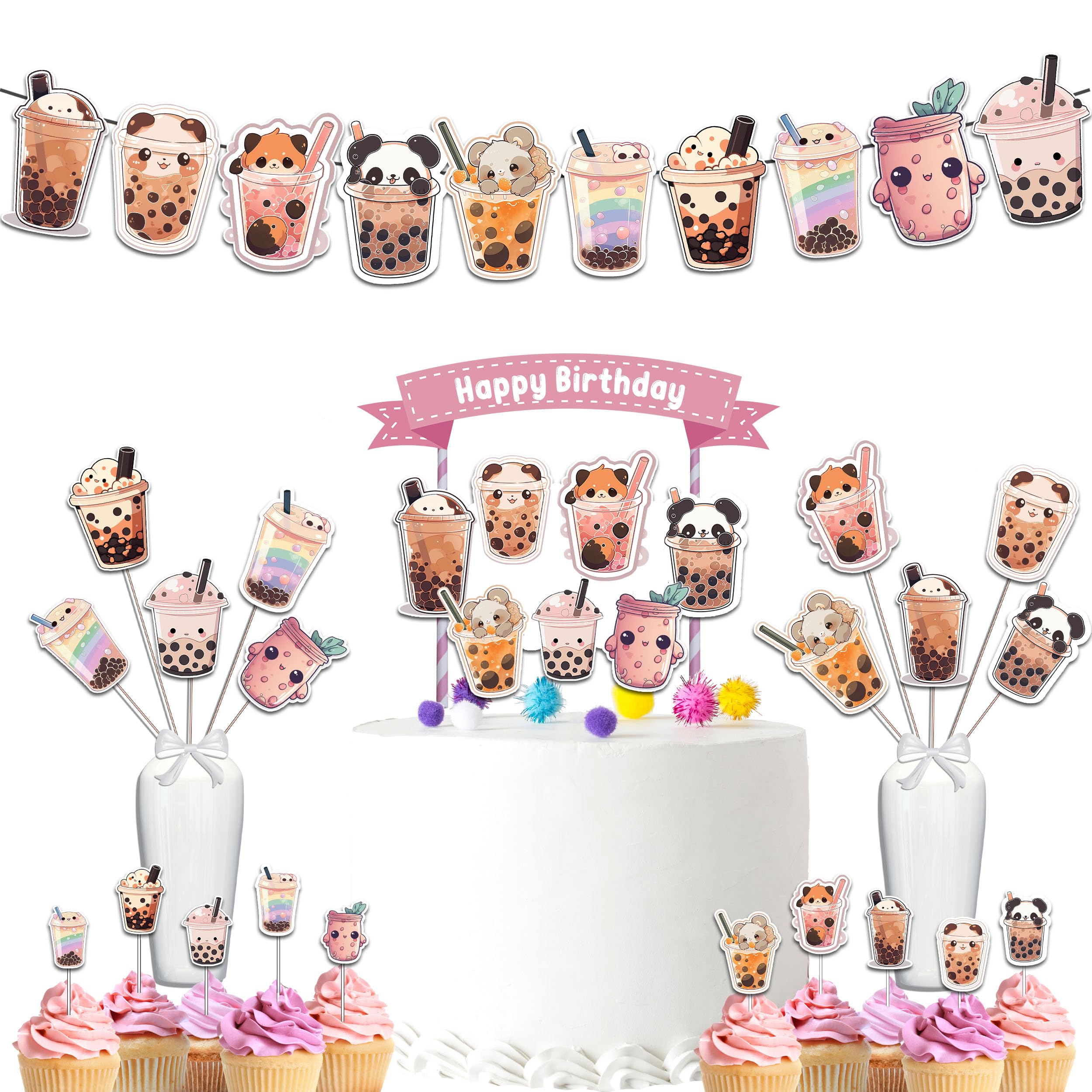 Boba Party Decorations Set – Bubble Tea Birthday Supplies with Banner, Cupcake Toppers, Cake Topper & Centerpieces for Kids Party or Baby Shower