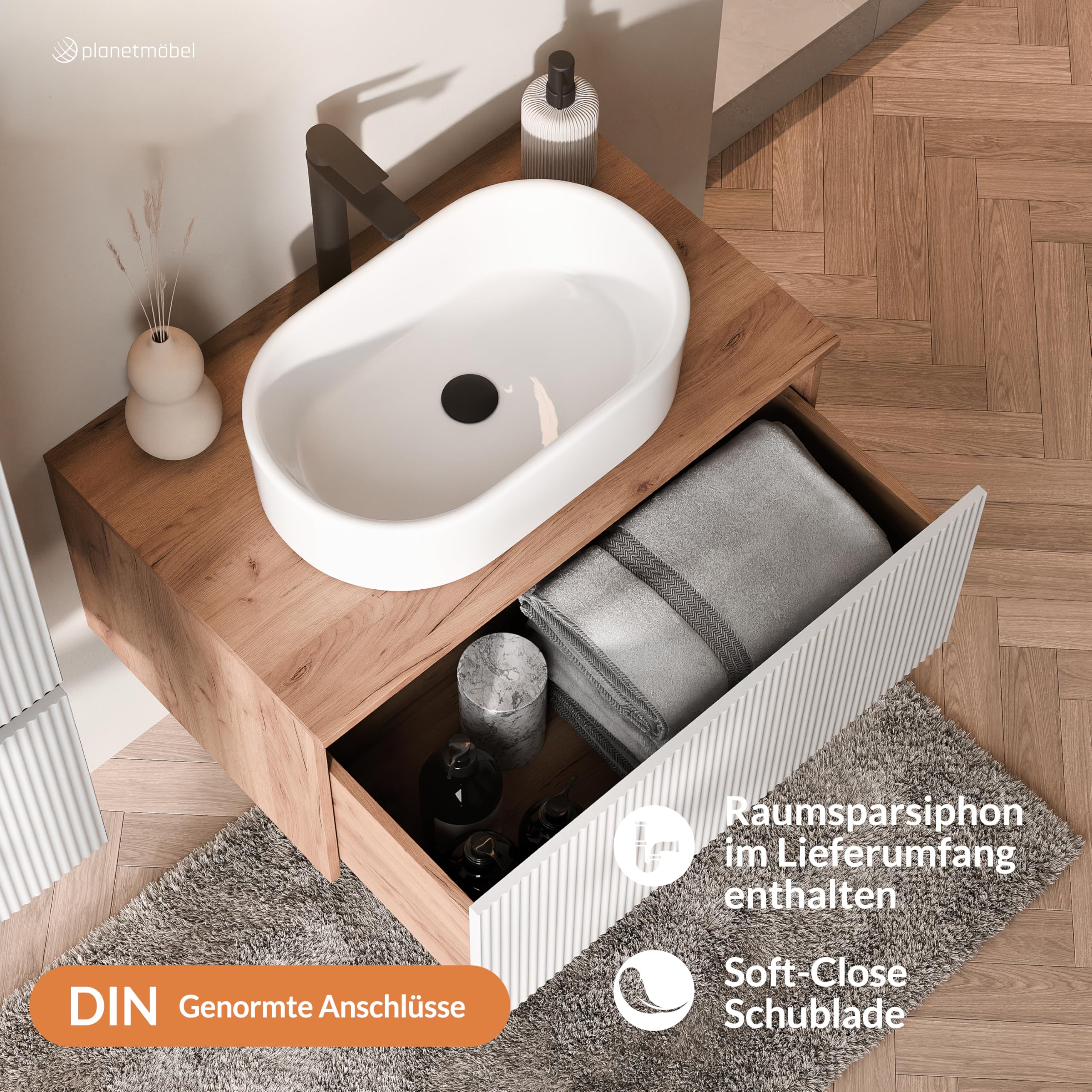 Planetmöbel Arisa - Juego de muebles de baño con armario bajo (80 cm, roble dorado y blanco estriado) con espejo NOVA y armario alto, lavabo de 55 cm, color blanco, incluye sifón para ahorrar espacio