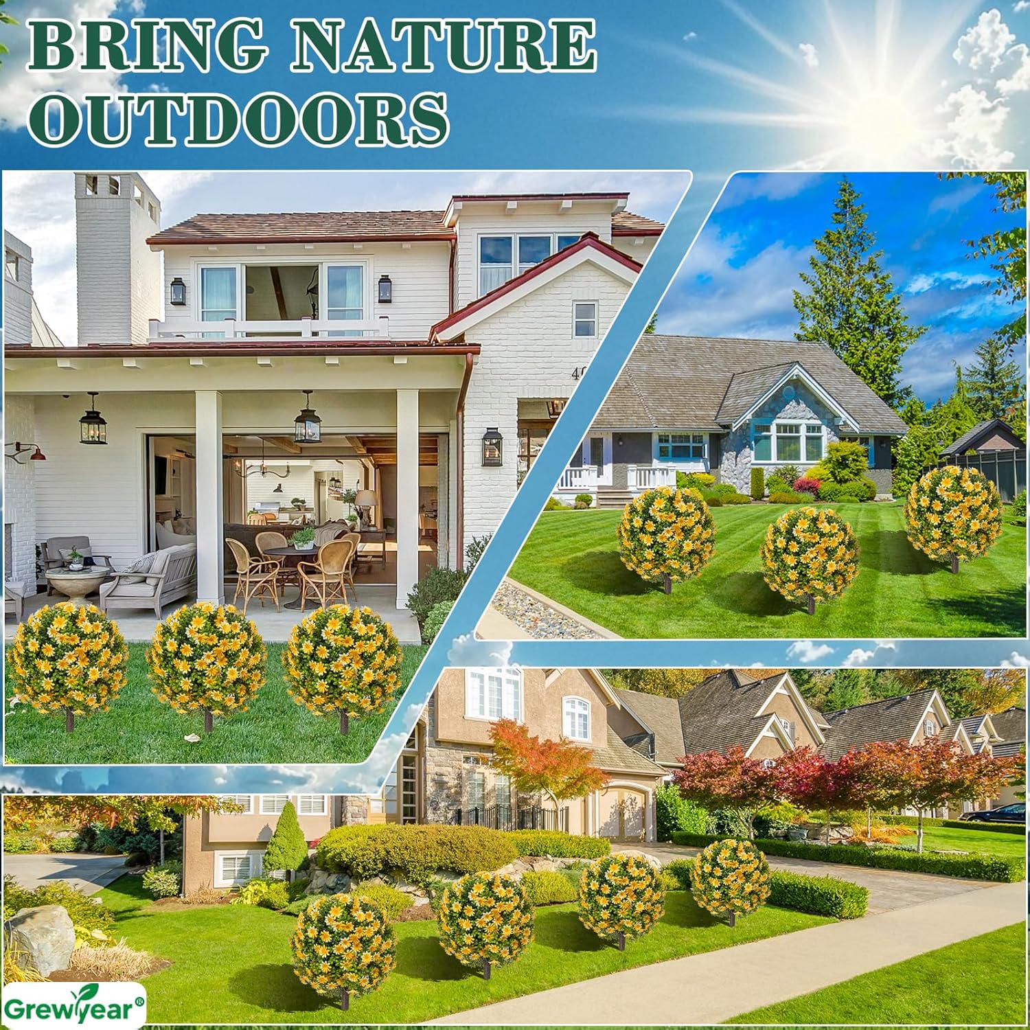 Fall Artificial Topiary Ball with Spike Set of 2, Faux Boxwoods for Outdoor Planters, UV Resistant Artificial Outdoor Plants for Porch, Fake Bushes Round Shrub with Orange Yellow Flower - Image 5