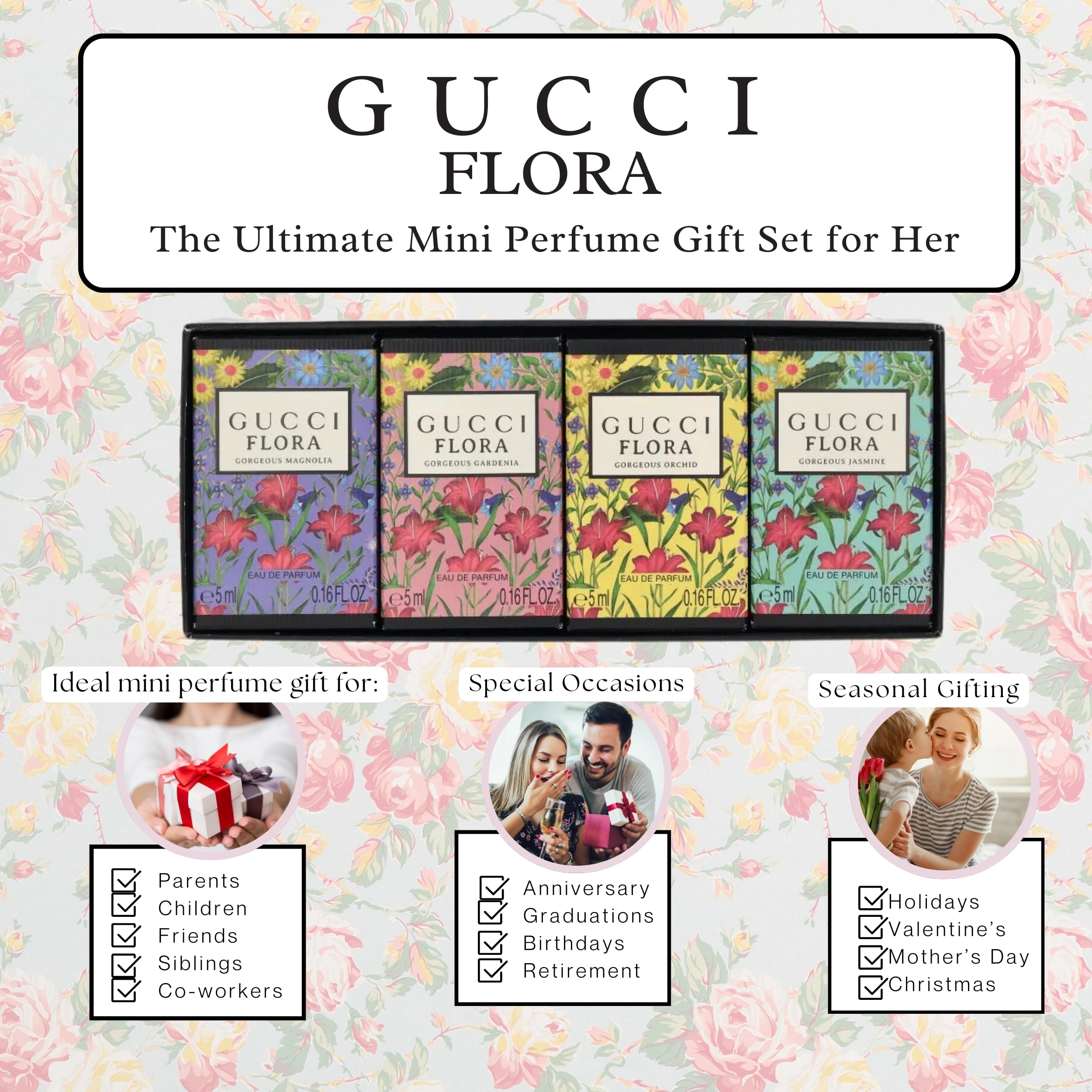 Gucci Parfüm für Frauen 4-teiliges Mini Splash Reise-Geschenkset Magnolie Gardenie Orchidee Jasmin