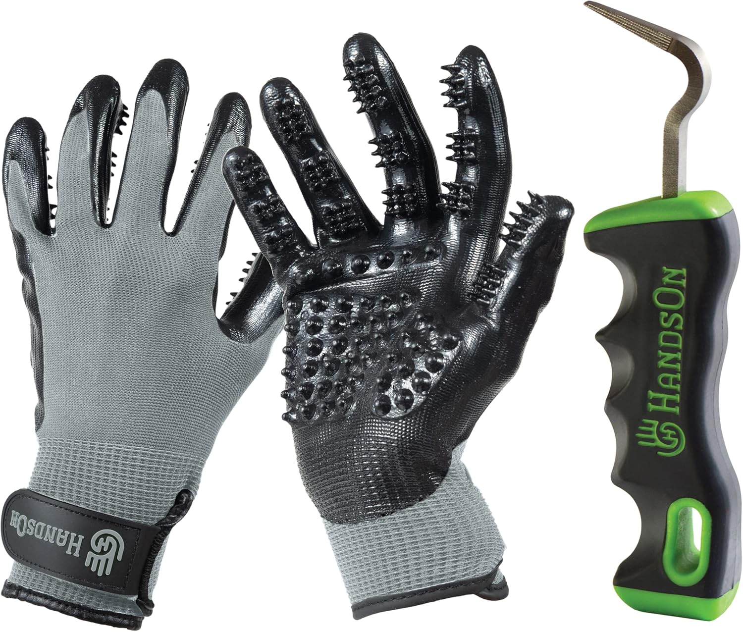 Handson Pet Grooming Gloves & Horse Hoof Pick Bundle - Hair Remover Gloves for Deshedding, Bathing & Massaging Dogs, Cats & Horses - Metal Pick for Daily Horse Hoof Maintenance (Grey/Small)