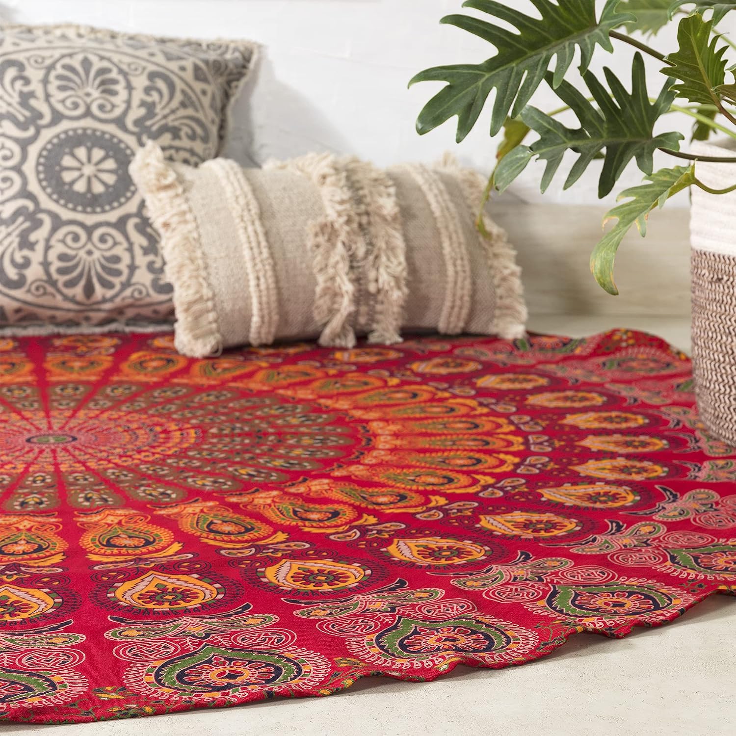 Popular Handicrafts Round Tapestry Wall Hanging Hippie Mandala Roundie Bohemian Hippy Intricate Indian Tapestries Tablecloth 70 Inches,(178cm) Red image 3