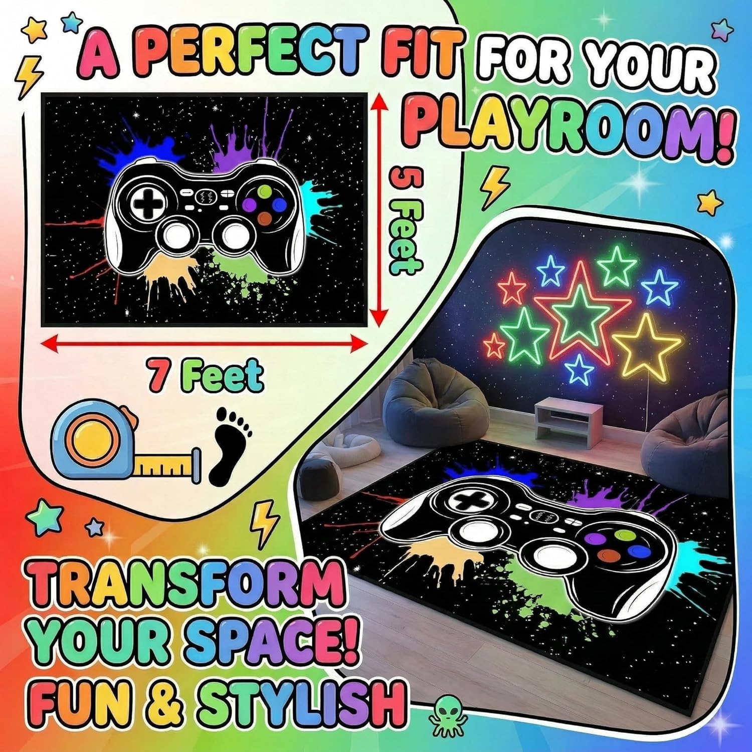 Gamer Rugs for Bedroom Boys Cartoon Painting Gamepad Home Carpet for Teens Cool Game Room Decor Gaming Carpet for Dining Living Room Playroom Floor Mats, 5'x7'