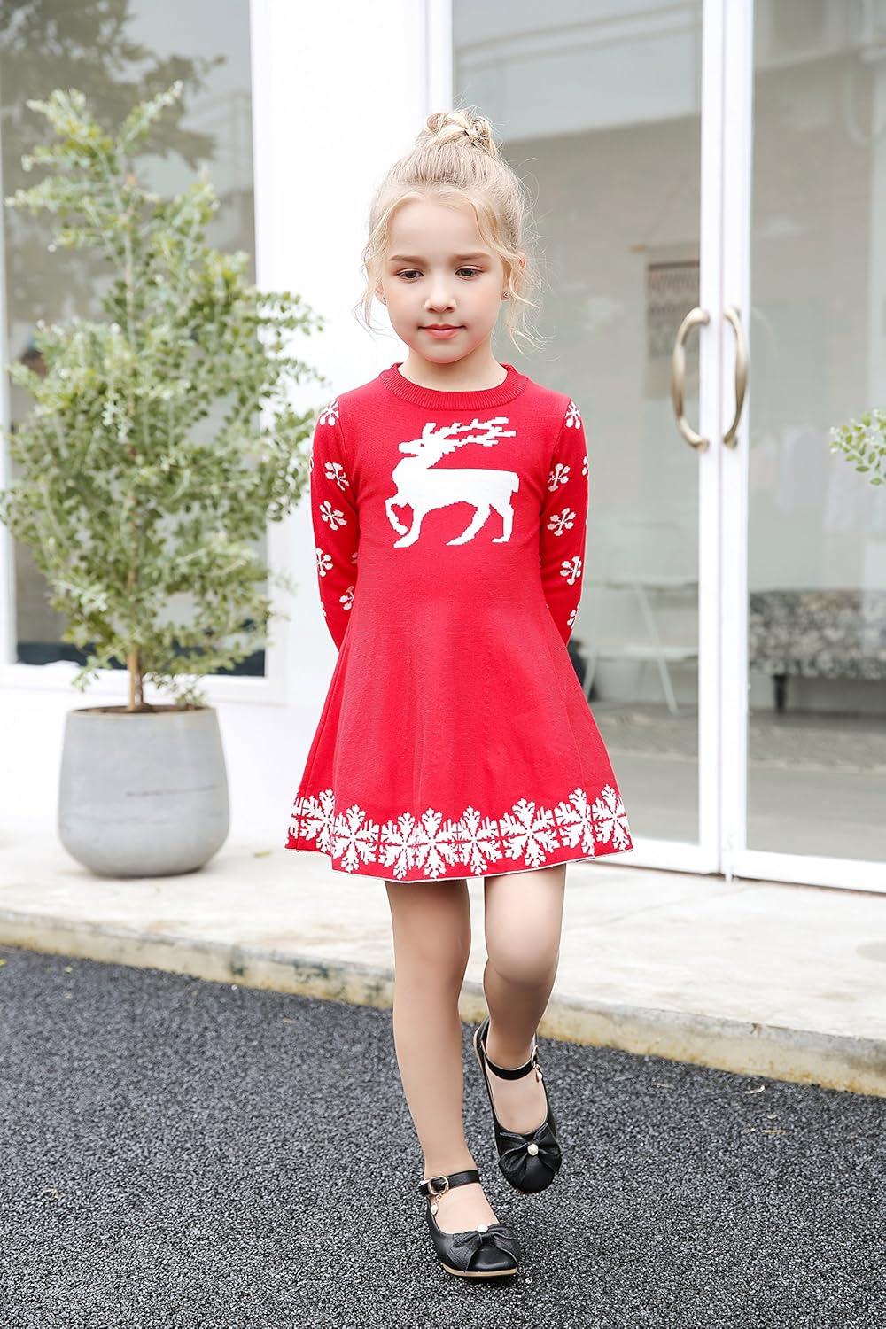 SMILING PINKER Little Girls Christmas Dress Reindeer Snowflake Xmas Gifts Winter Knit Sweater Dresses - Image 2