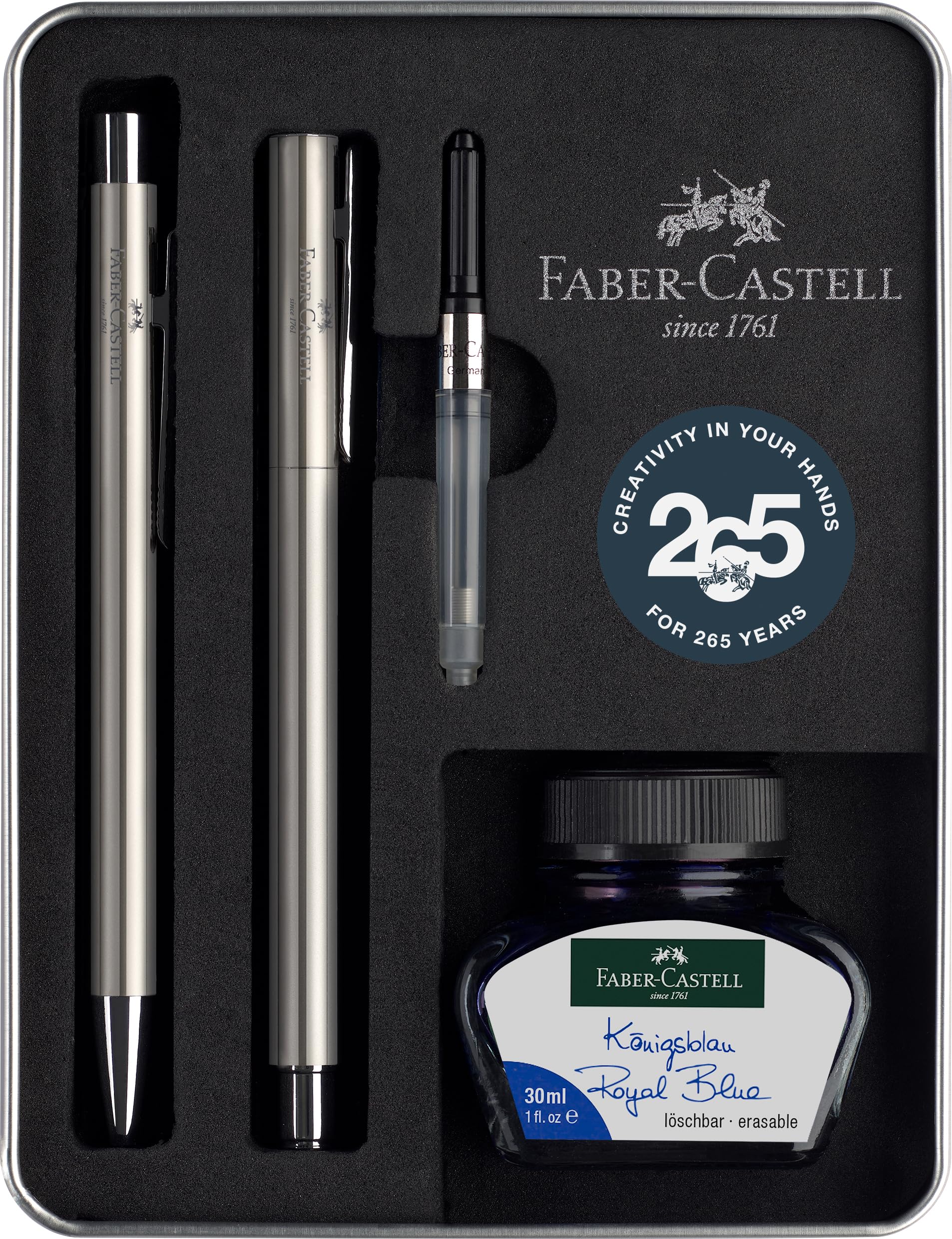 Faber-Castell - zestaw upominkowy Neo Slim ze stali nierdzewnej | Zestaw z piórem wiecznym M, długopisem, konwerterem i kałamarzem 30 ml, edycja jubileuszowa w metalowym pudełku