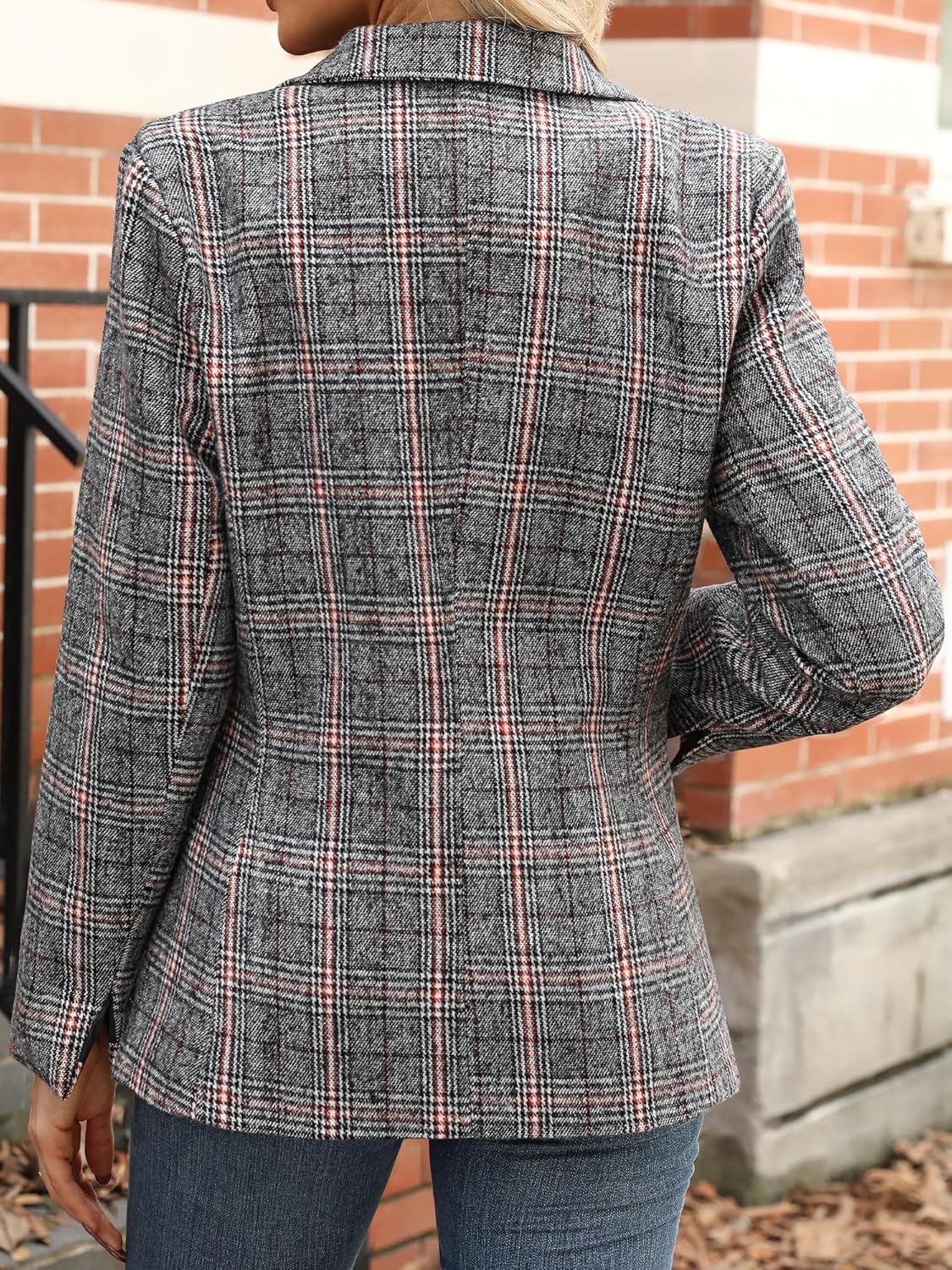 ELLEVEN Women's Lapel Collar Plaid 2 Button Boyfriend Blazer Suit Houndstooth Work Office Blazer Jacket - Image 2