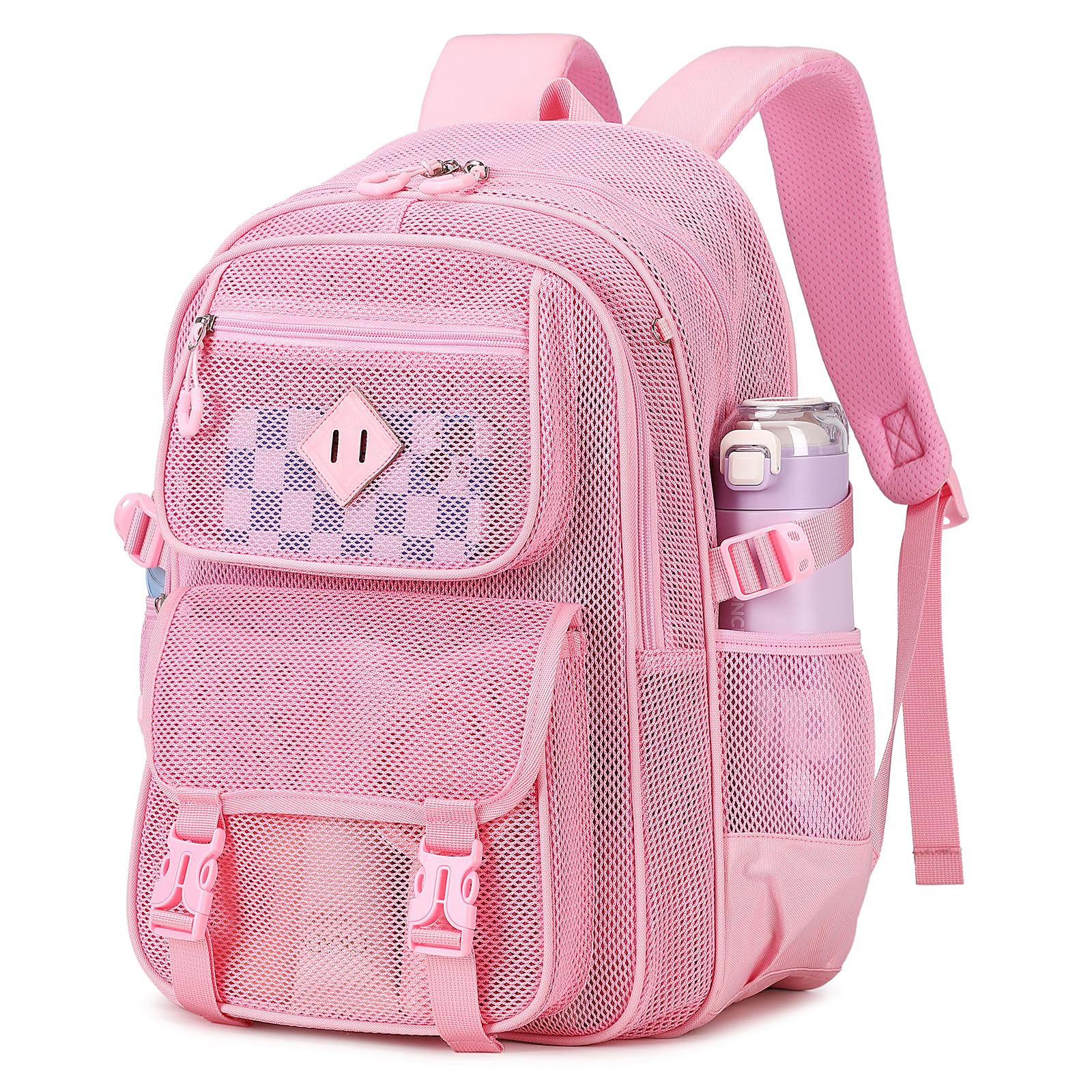 PIG PIG GIRL Mesh Backpack, 17in Heavy Duty See Through Backpack Ultra-Lightweight Net Bookbag Breathable Transparent Beach Backpacks for School