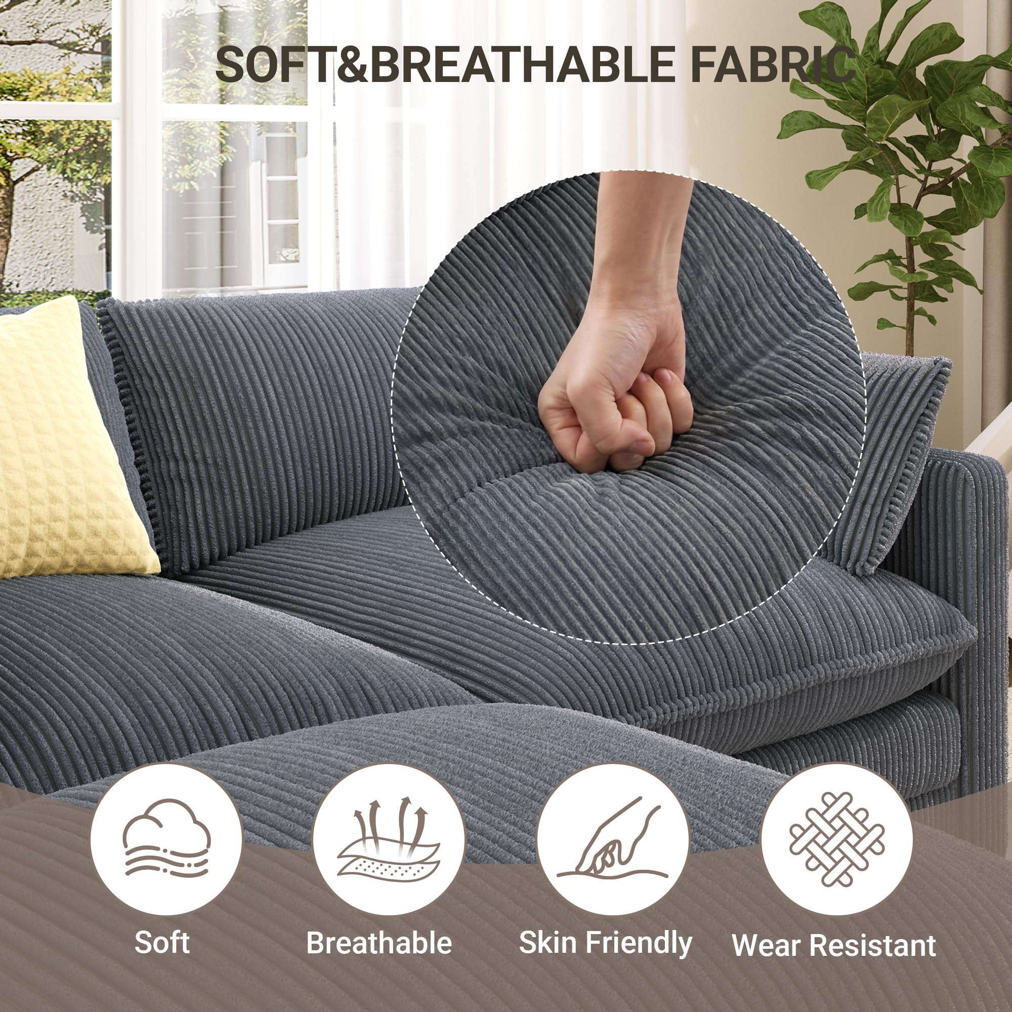 Xbro Divano Modulare a L 2 Posti con Pouf, Divano Cloud in Tessuto a Coste, Seduta Profonda e Morbida, Rivestimento Sfoderabile, Divano Compatto per Soggiorno e Camera, Grigio Scuro
