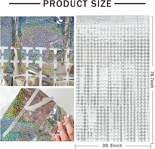 Miniatura 2 de Cortina cuadrada de oropel para fiesta, 2 cortinas de flecos de papel de aluminio con purpurina, decoración de fiesta, telón de fondo plateado para