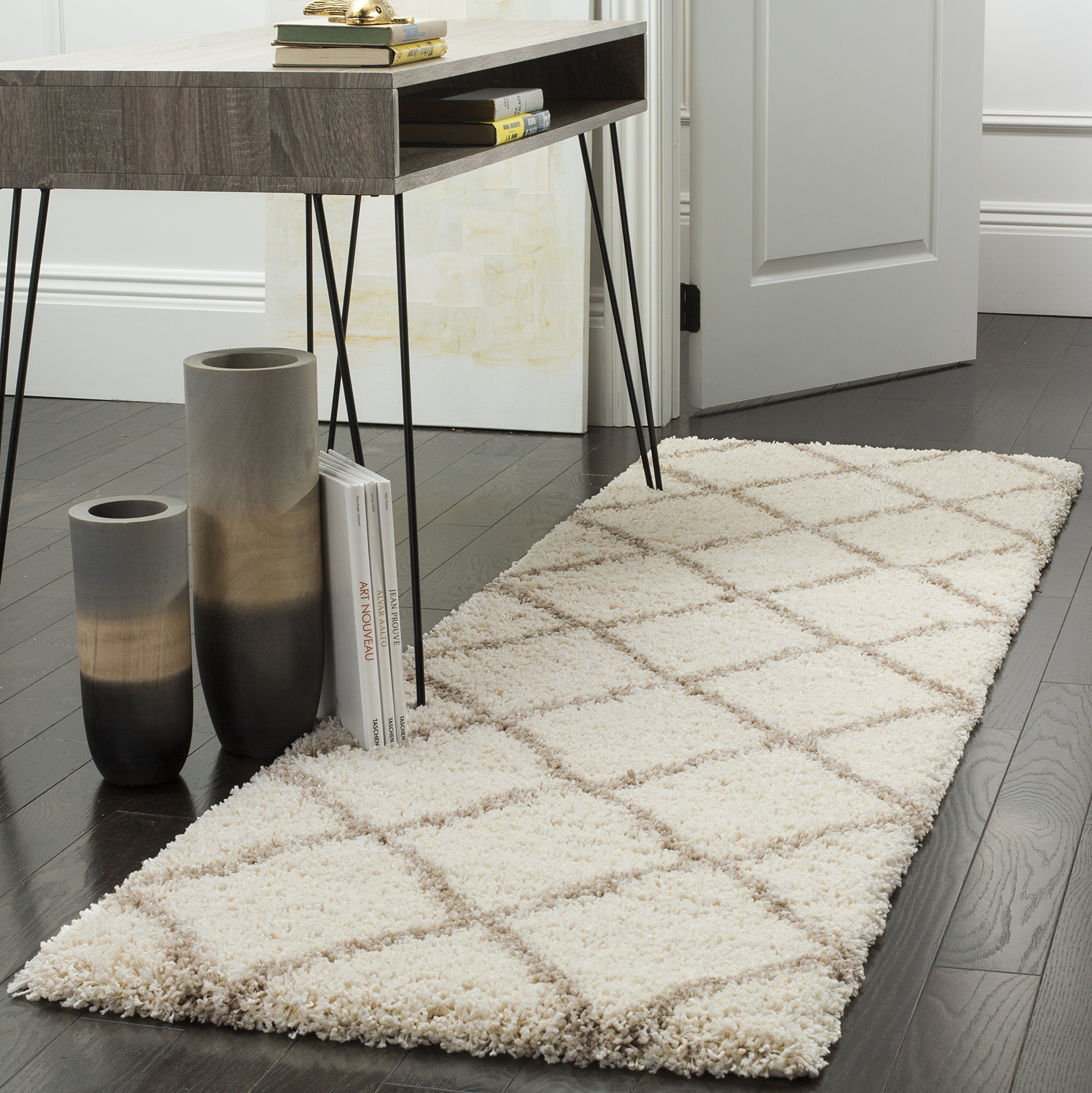 SAFAVIEH Hudson Shag Collection Runner Rug - 2'3" x 16', Ivory & Beige, Modern Trellis Design, Non-Shedding & Easy Care, 2-inch Thick Ideal for High
