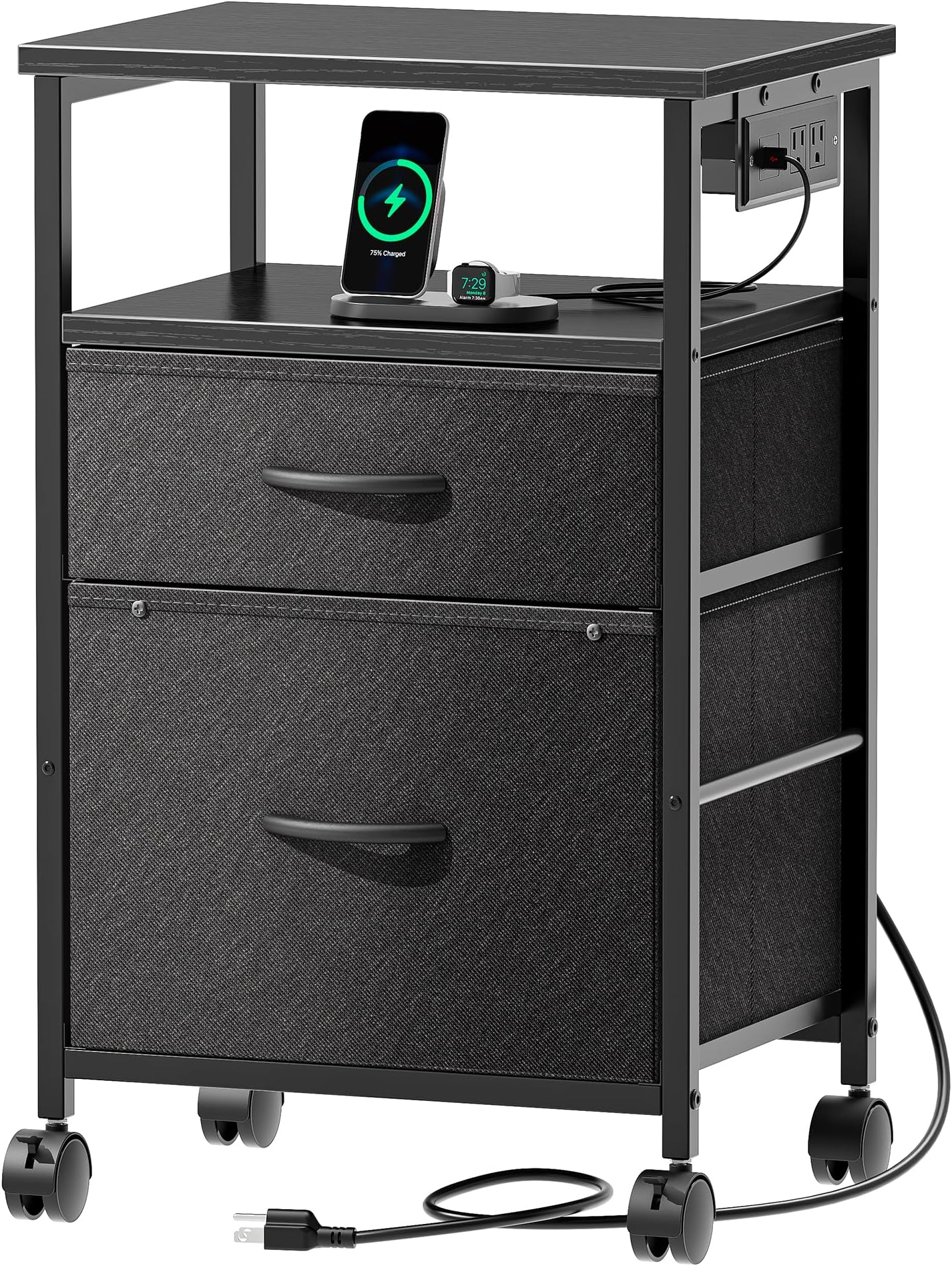 Huuger 2 Drawer File Cabinet with Power Outlets, Printer Stand with Storage, Rolling File Cabinet, Black