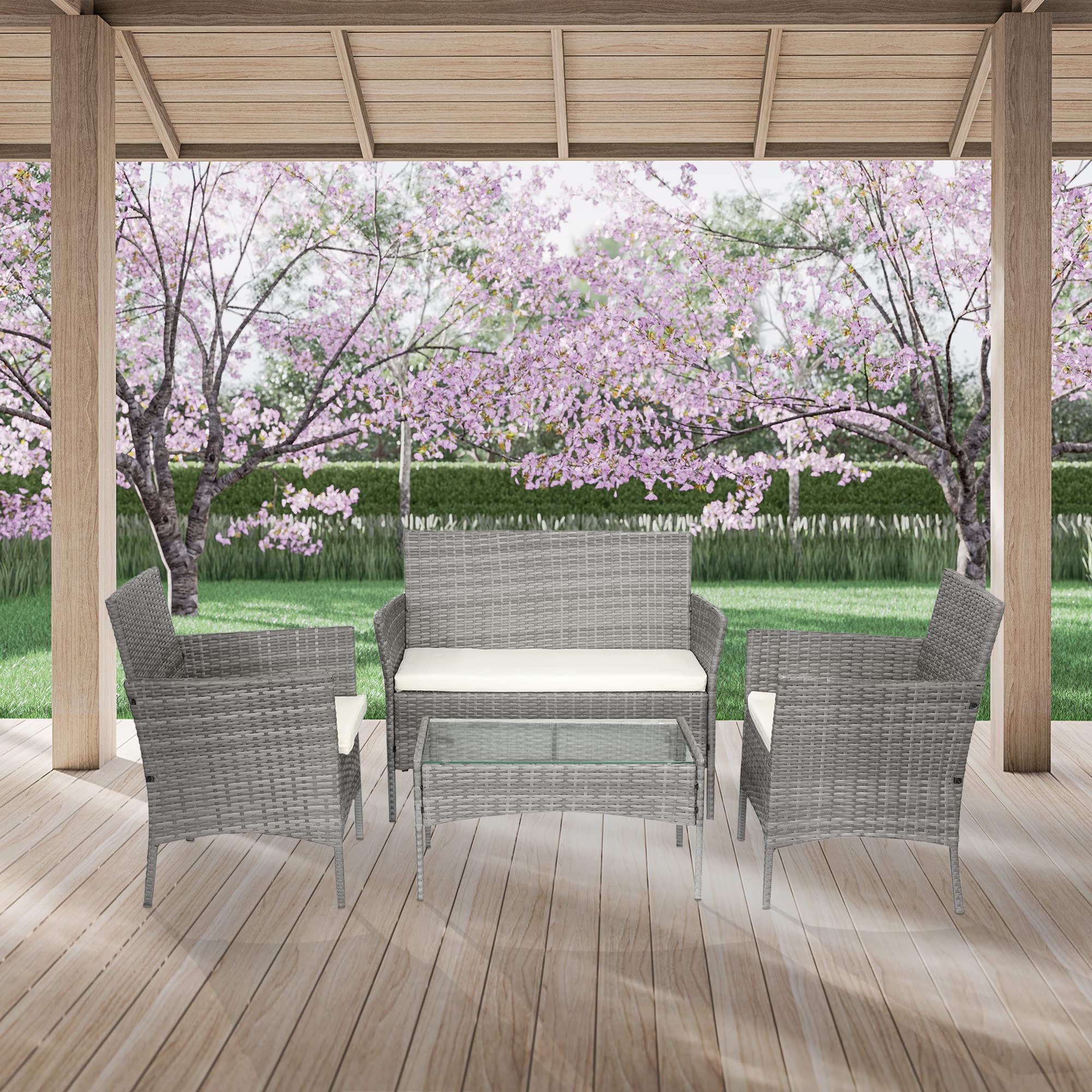 Rattan Garden Furniture Set, 4 Piece Patio Rattan Furniture Sofa Weaving Wicker Includes 1 Table, 2 Armchairs with 1 Double Seat Sofa (Gray), (21001)