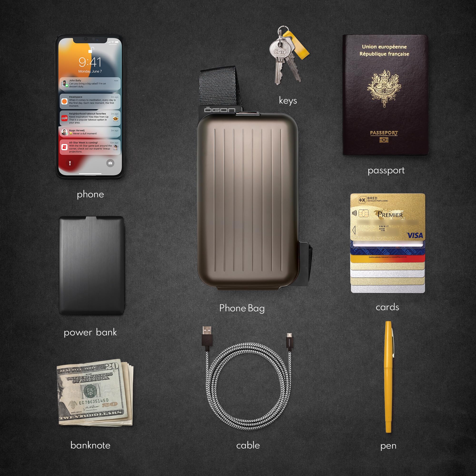 Aluminiowa obudowa telefonu komórkowego ÖGON do smartfona ze zintegrowanym portfelem - praktyczna i stylowa torba na ramię dla mężczyzn i kobiet - ochrona RFID - torba na ramię