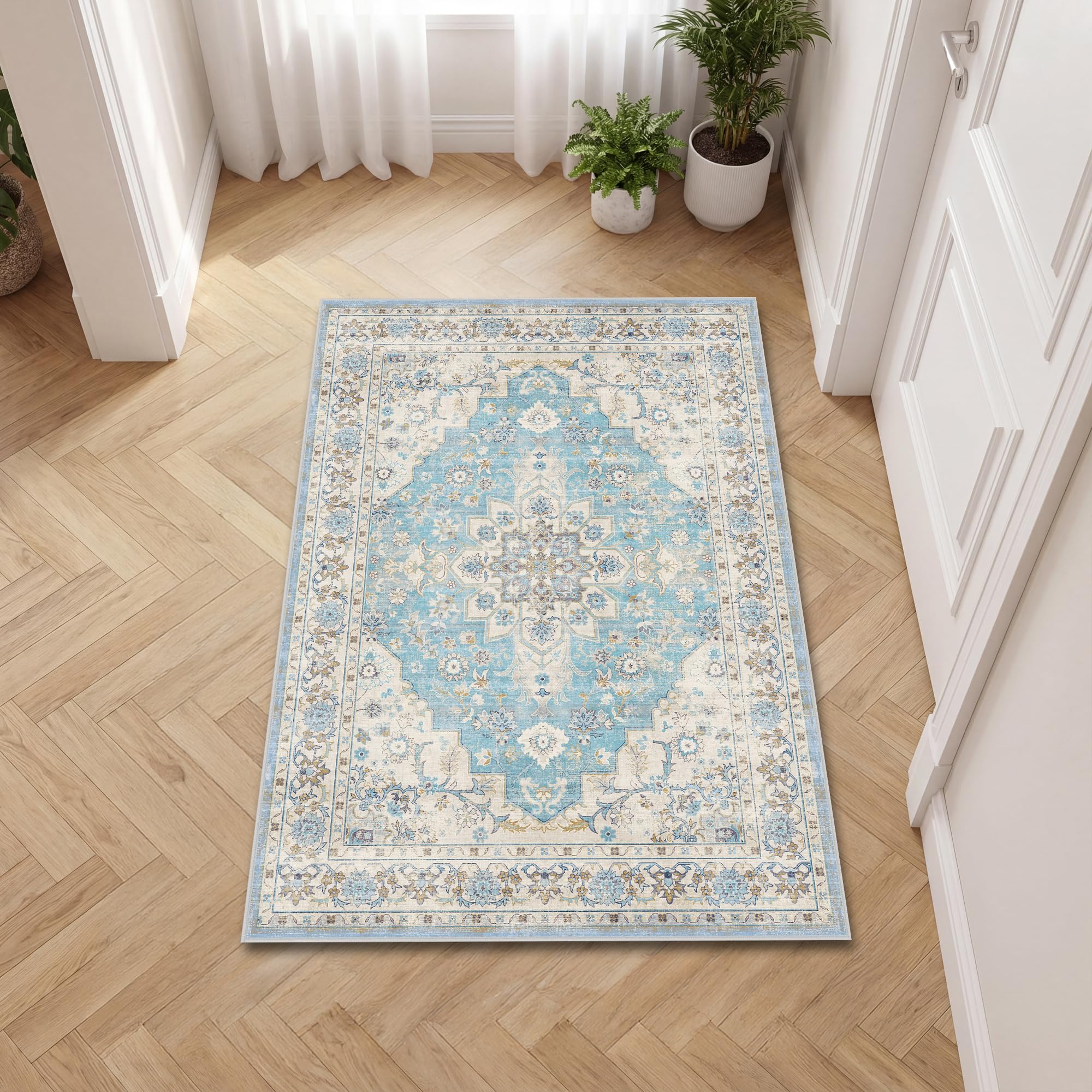Autsel Rugs for Living Room Bedroom 60x90cm, Small Machine Washable Area Rugs Non-slip, Vintage Boho Rugs, Soft Short Pile Carpet, Light Blue Runner Rugs for Hallway, Carpet for Kitchen, Office