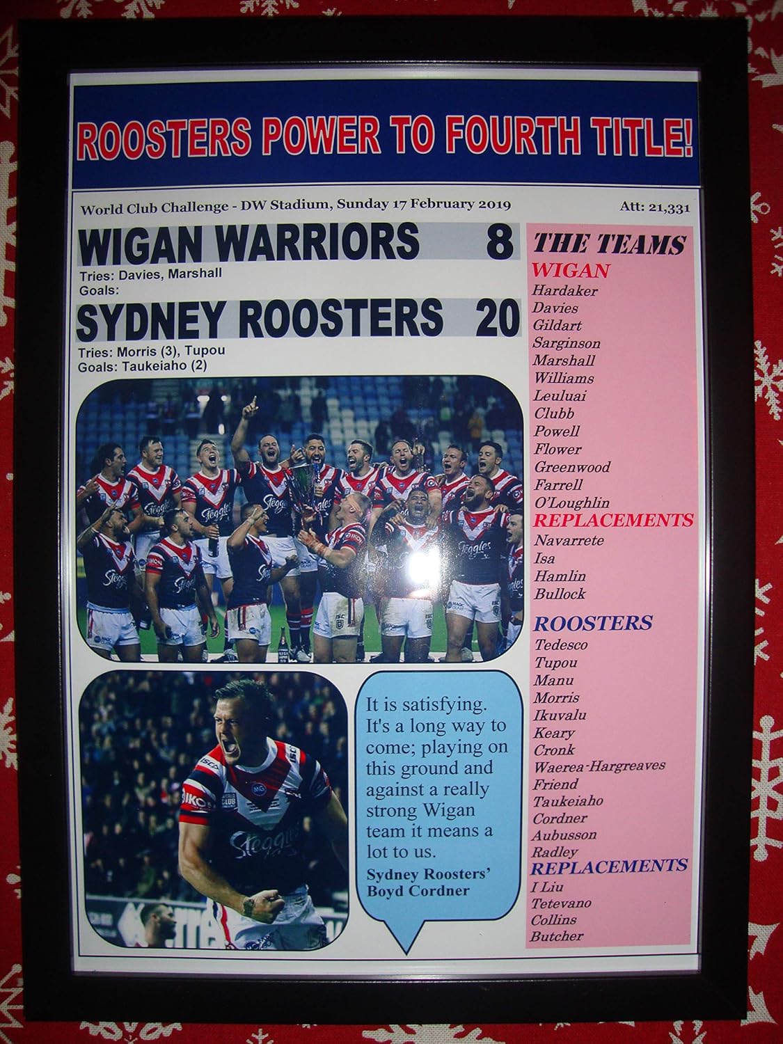 Wigan Warriors 8 Sydney Roosters 20-2019 World Club Challenge - Framed Print