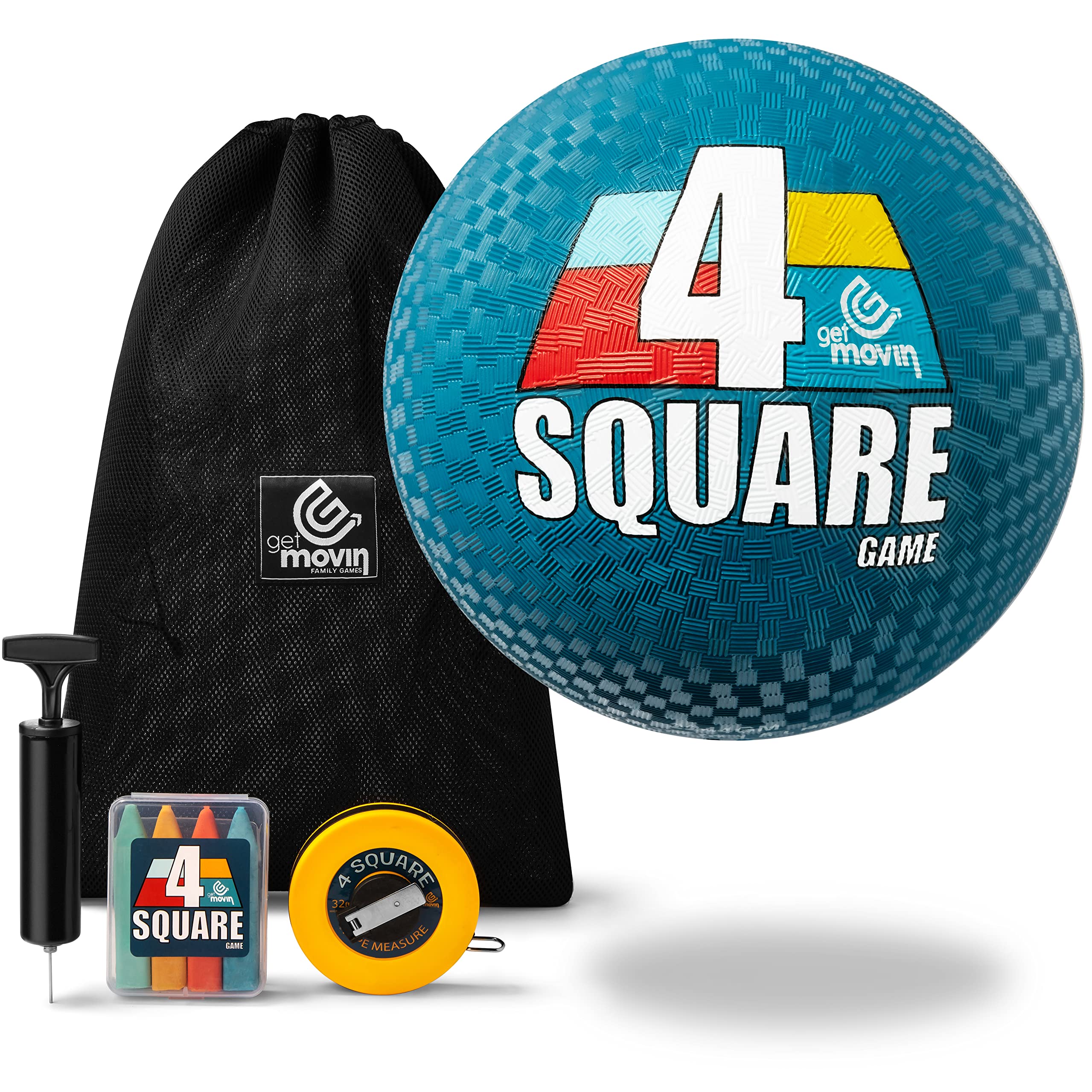 GETMOVIN SPORTS 4 Square Game Kit with Premium 4 Square Ball (8.5”) Hand Pump Air Needle 4 Brightly Colored Chalk Sticks with Container Soft Tape